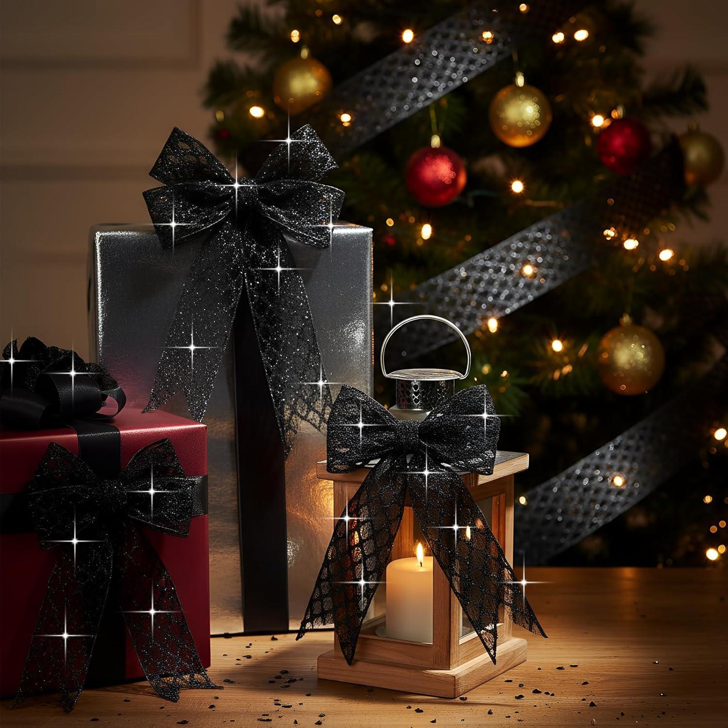 imageGeosar 20 Yards Gold Glitter Mesh Wired Ribbon for Christmas Tree Decorations Gift Wrapping DIY Craft Xmas Wreaths Cabinet Decor 15 InchBlack