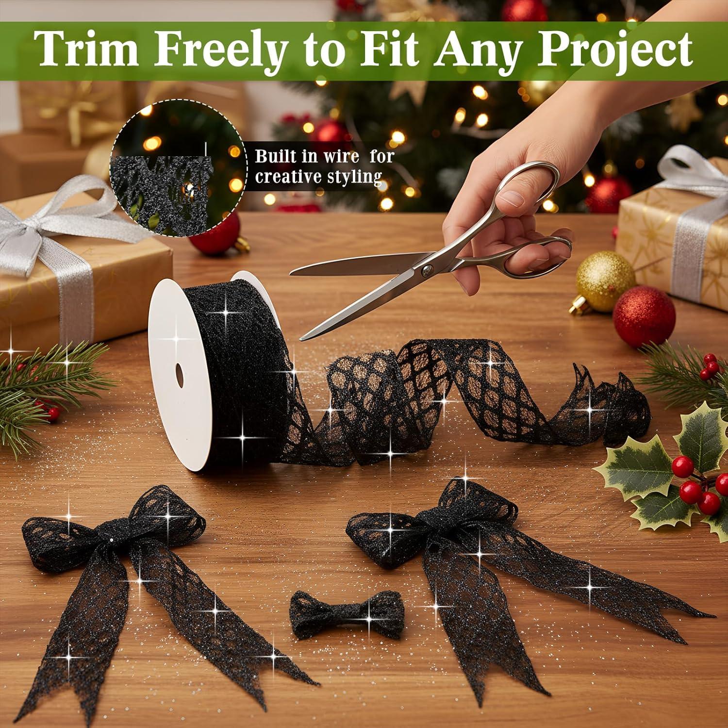 imageGeosar 20 Yards Gold Glitter Mesh Wired Ribbon for Christmas Tree Decorations Gift Wrapping DIY Craft Xmas Wreaths Cabinet Decor 15 InchBlack