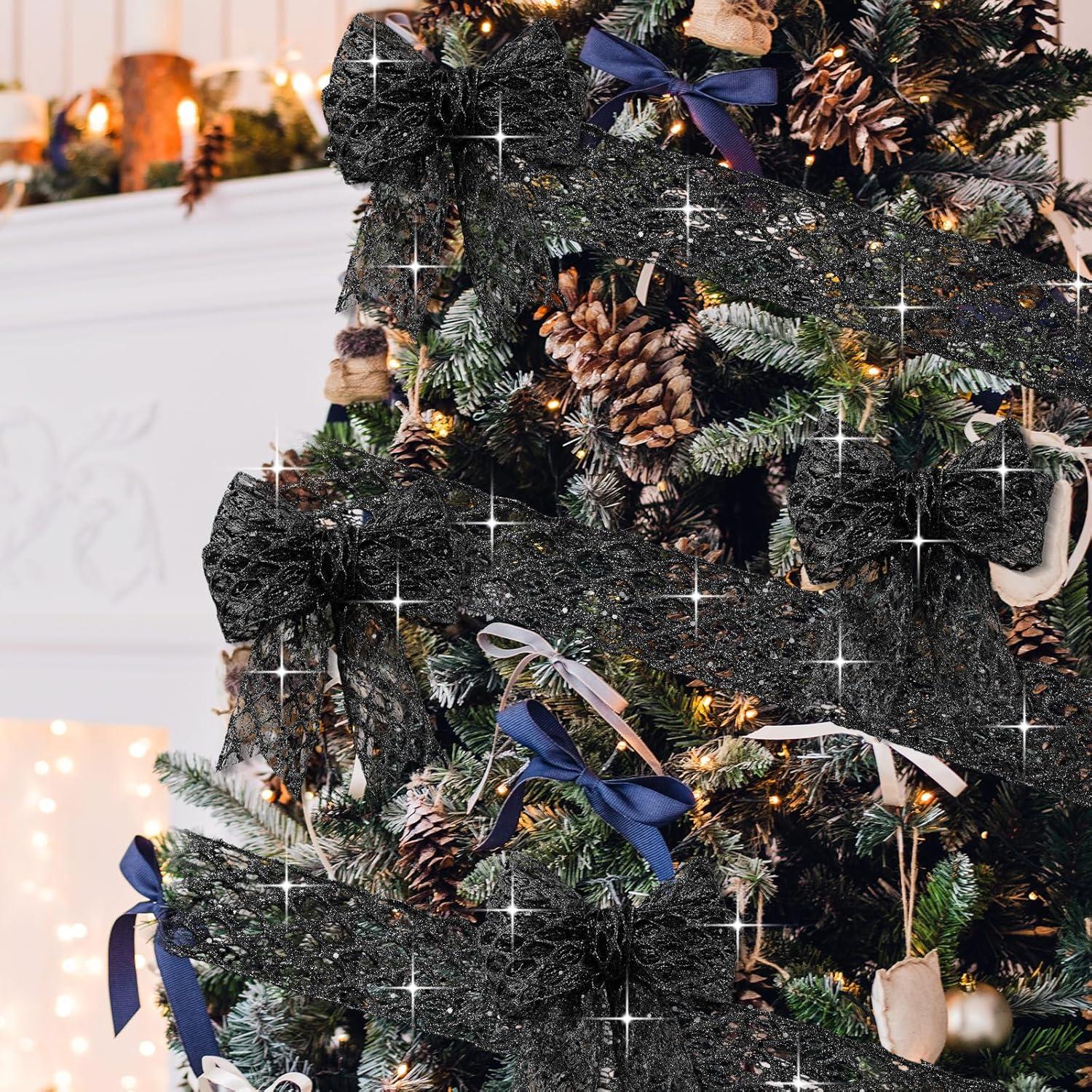 imageGeosar 20 Yards Gold Glitter Mesh Wired Ribbon for Christmas Tree Decorations Gift Wrapping DIY Craft Xmas Wreaths Cabinet Decor 15 InchBlack