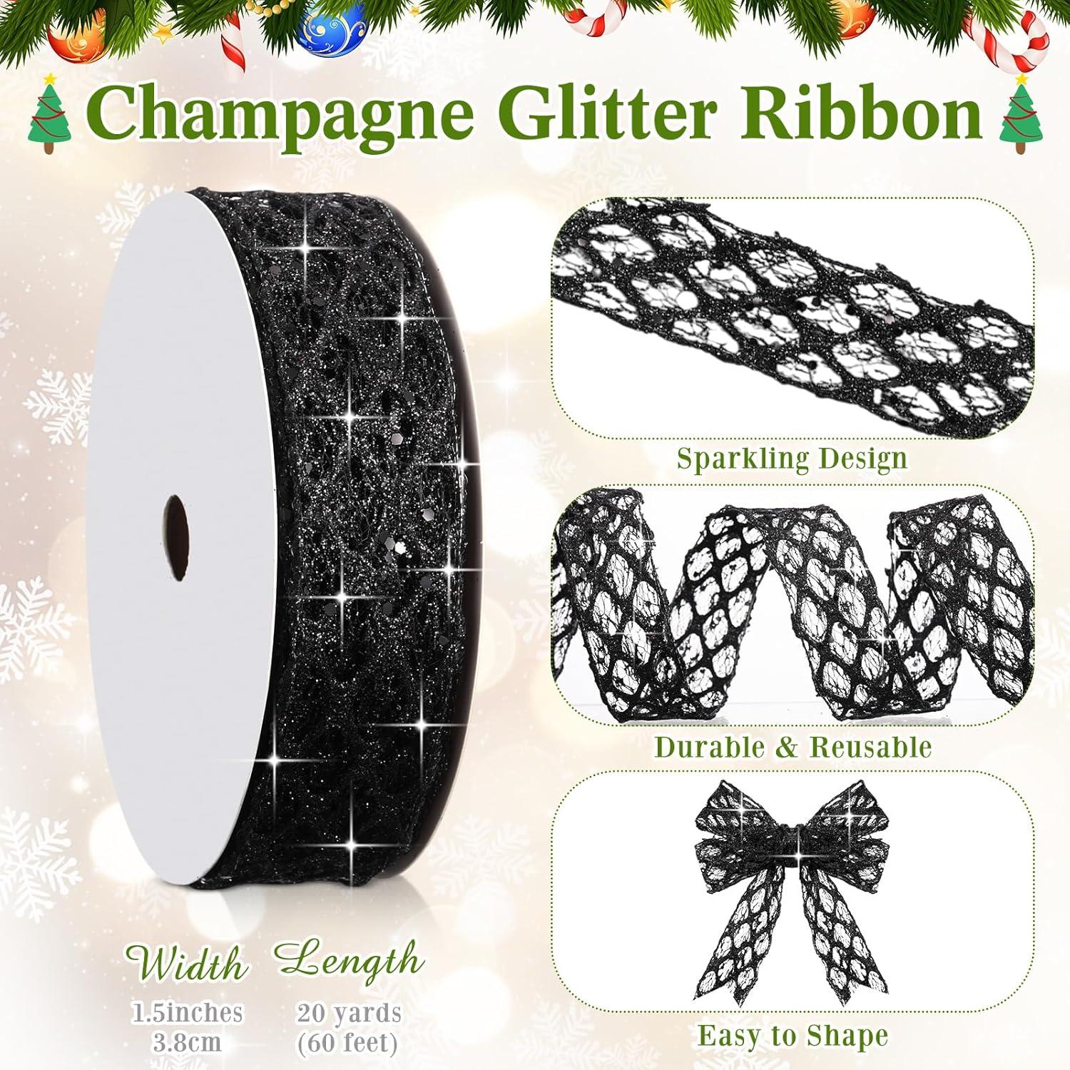 imageGeosar 20 Yards Gold Glitter Mesh Wired Ribbon for Christmas Tree Decorations Gift Wrapping DIY Craft Xmas Wreaths Cabinet Decor 15 InchBlack