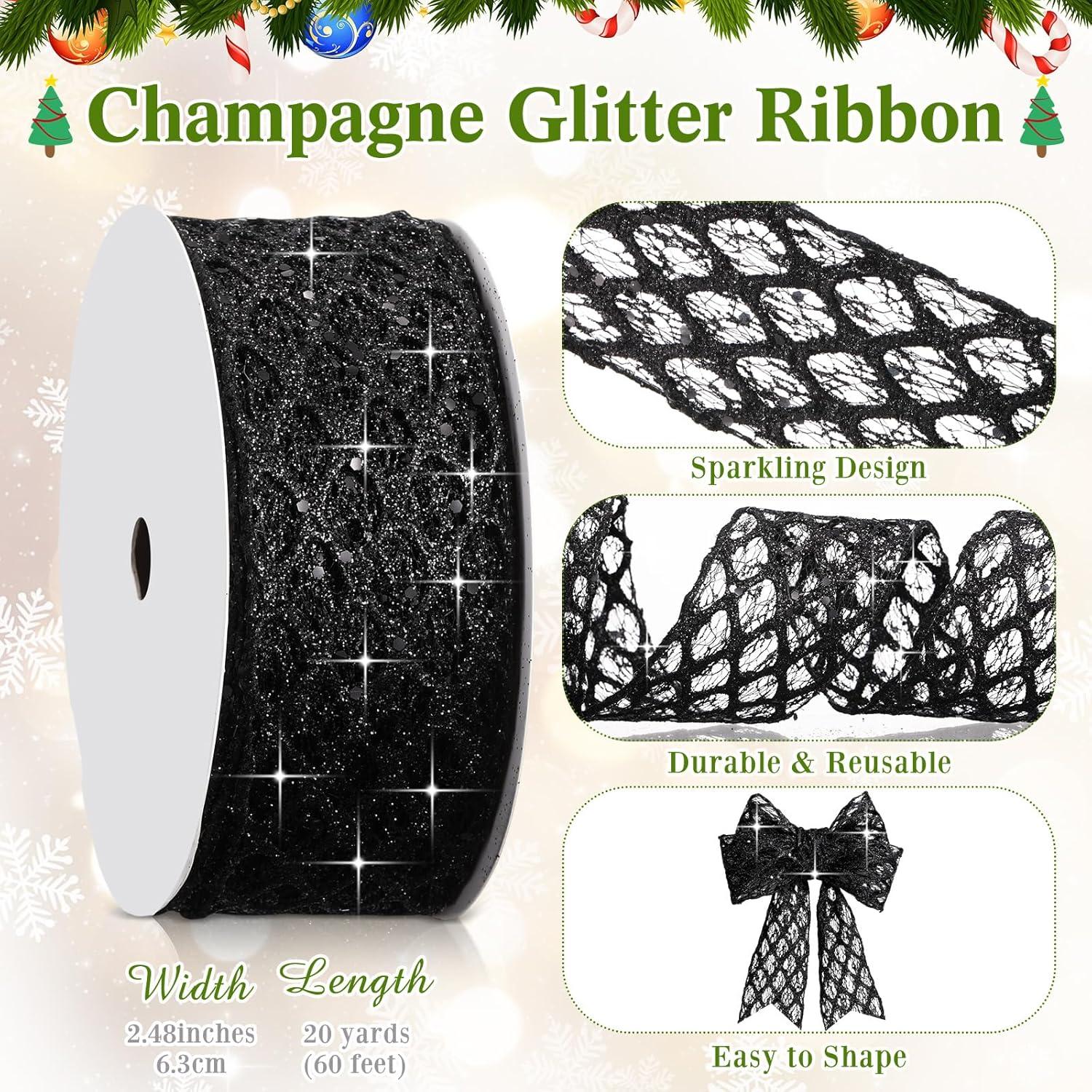 imageGeosar 20 Yards Gold Glitter Mesh Wired Ribbon for Christmas Tree Decorations Gift Wrapping DIY Craft Xmas Wreaths Cabinet Decor 15 InchBlack