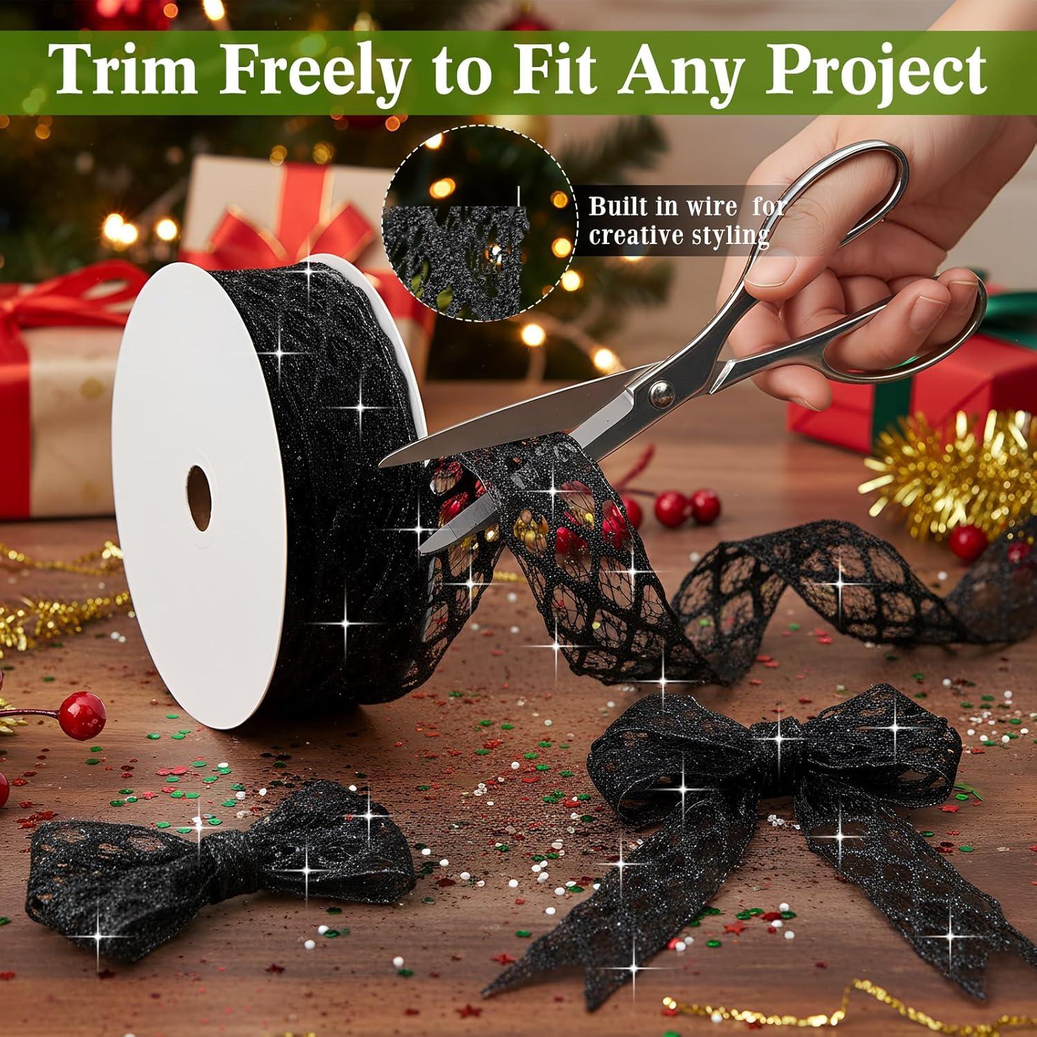 imageGeosar 20 Yards Gold Glitter Mesh Wired Ribbon for Christmas Tree Decorations Gift Wrapping DIY Craft Xmas Wreaths Cabinet Decor 15 InchBlack