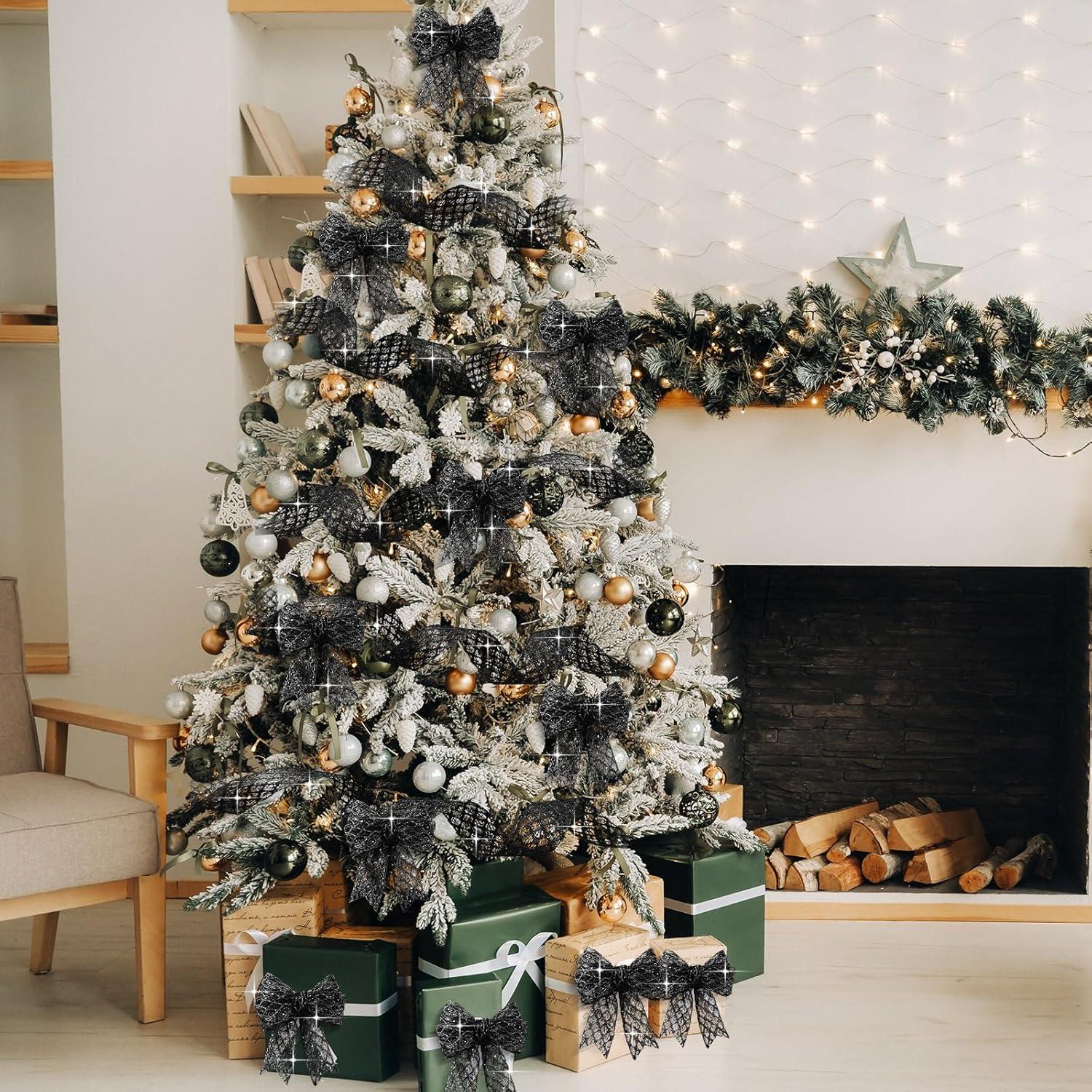 imageGeosar 20 Yards Gold Glitter Mesh Wired Ribbon for Christmas Tree Decorations Gift Wrapping DIY Craft Xmas Wreaths Cabinet Decor 15 InchBlack