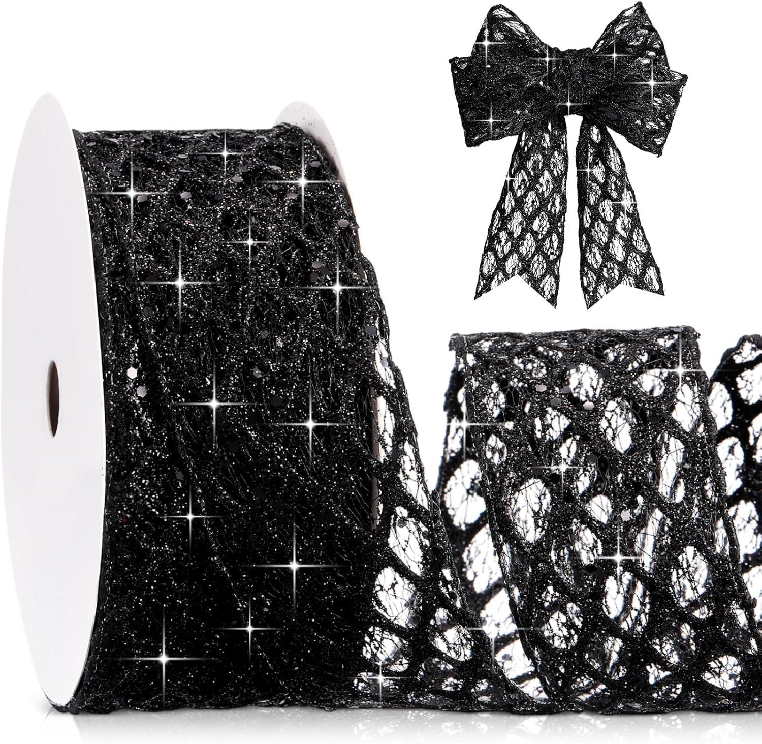 imageGeosar 20 Yards Gold Glitter Mesh Wired Ribbon for Christmas Tree Decorations Gift Wrapping DIY Craft Xmas Wreaths Cabinet Decor 15 InchBlack