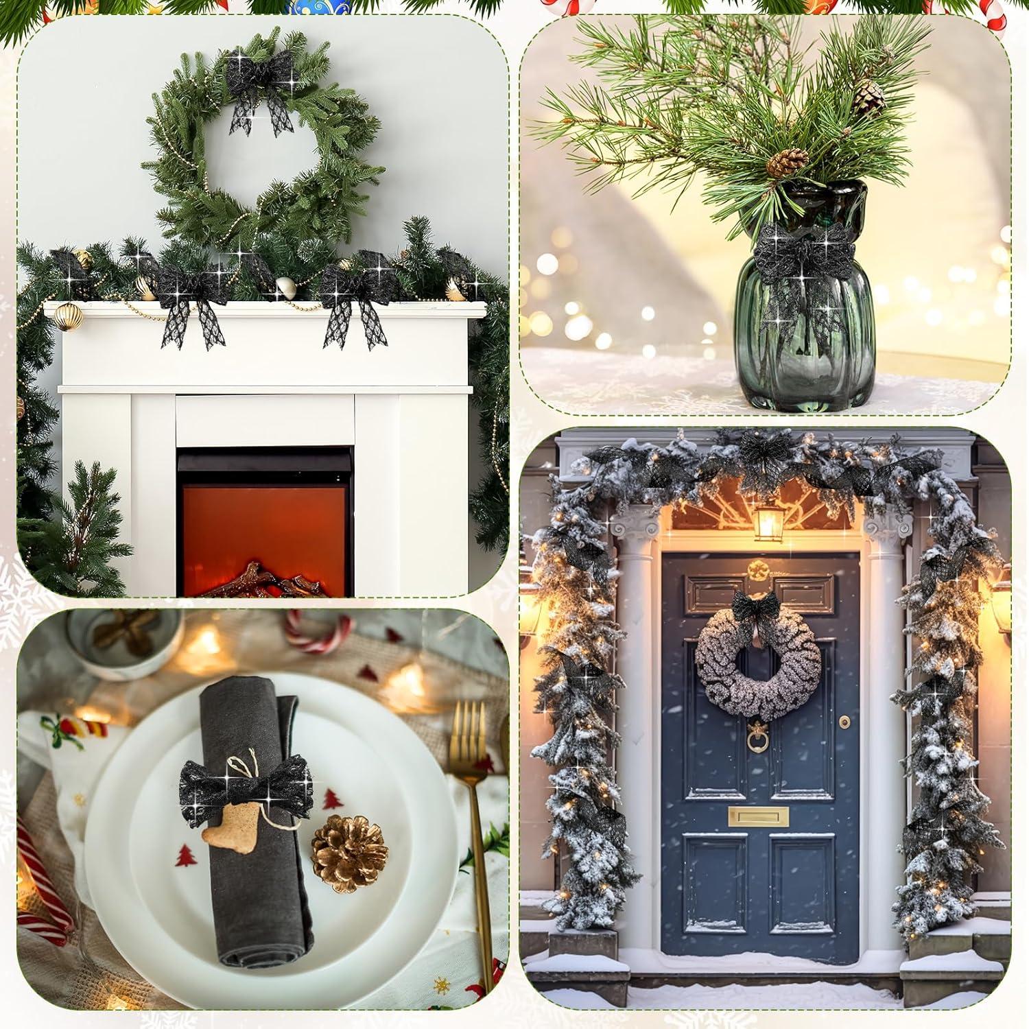 imageGeosar 20 Yards Gold Glitter Mesh Wired Ribbon for Christmas Tree Decorations Gift Wrapping DIY Craft Xmas Wreaths Cabinet Decor 15 InchBlack