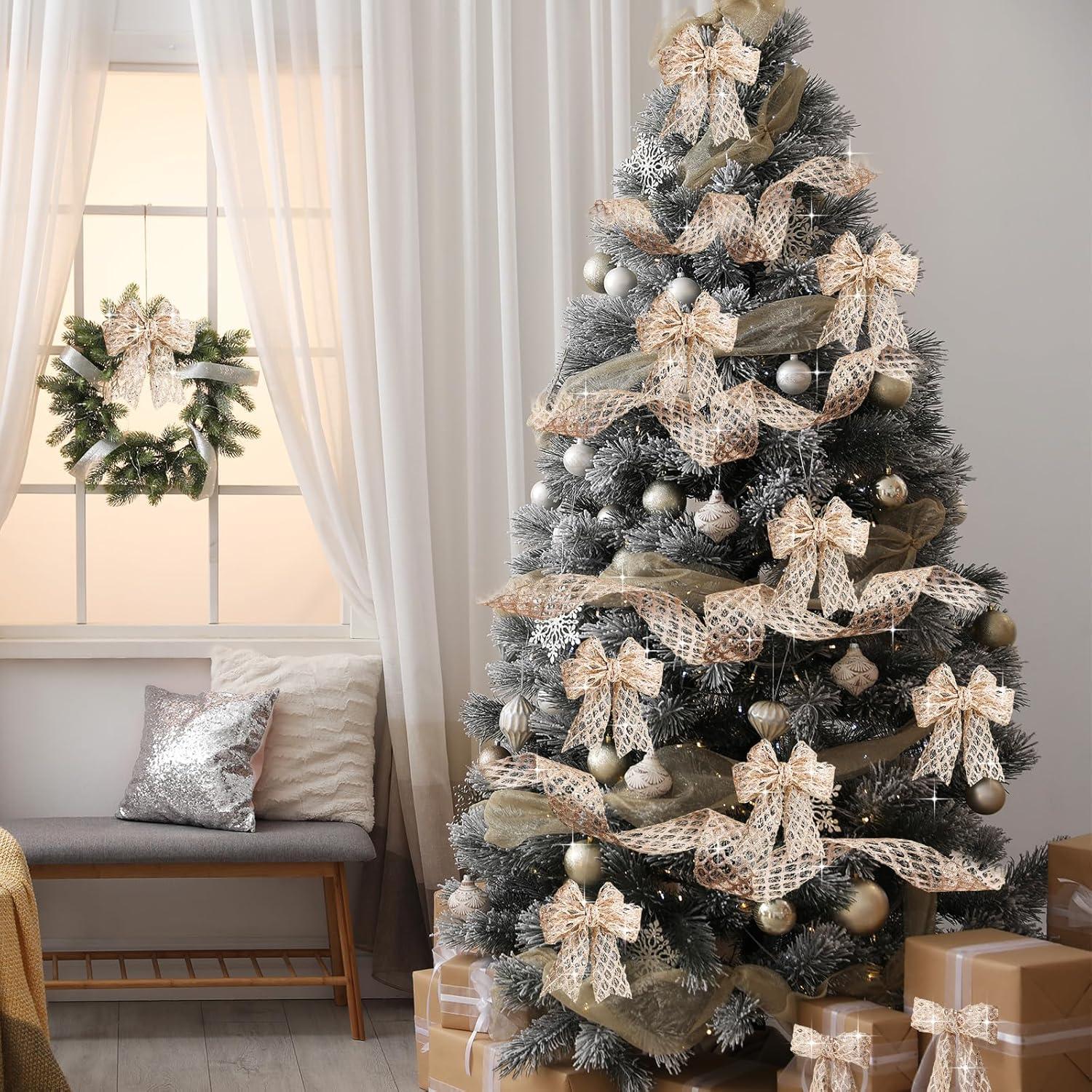 imageGeosar 20 Yards Gold Glitter Mesh Wired Ribbon for Christmas Tree Decorations Gift Wrapping DIY Craft Xmas Wreaths Cabinet Decor 15 InchChampagne Gold