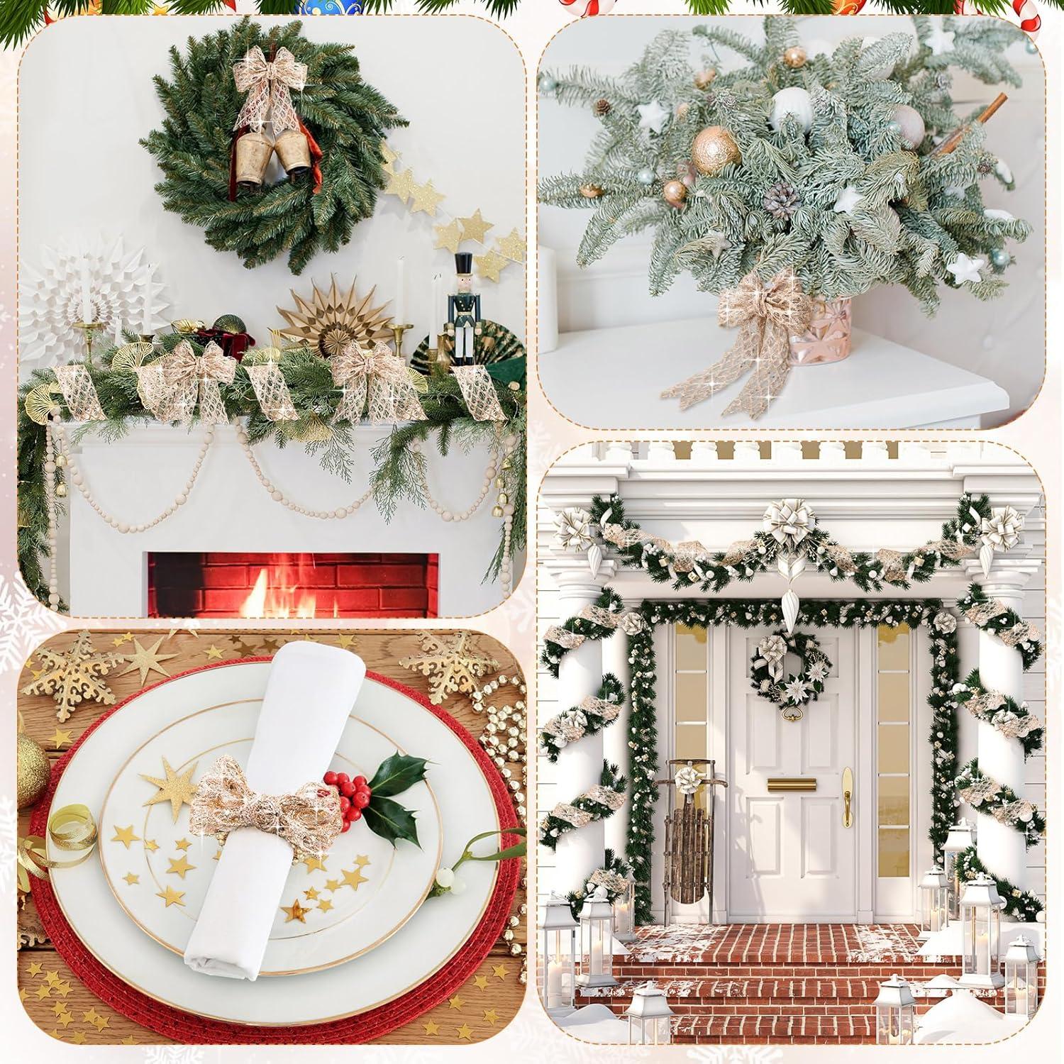 imageGeosar 20 Yards Gold Glitter Mesh Wired Ribbon for Christmas Tree Decorations Gift Wrapping DIY Craft Xmas Wreaths Cabinet Decor 15 InchChampagne Gold