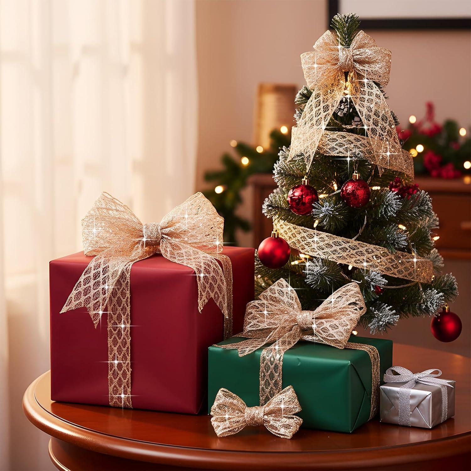 imageGeosar 20 Yards Gold Glitter Mesh Wired Ribbon for Christmas Tree Decorations Gift Wrapping DIY Craft Xmas Wreaths Cabinet Decor 15 InchChampagne Gold