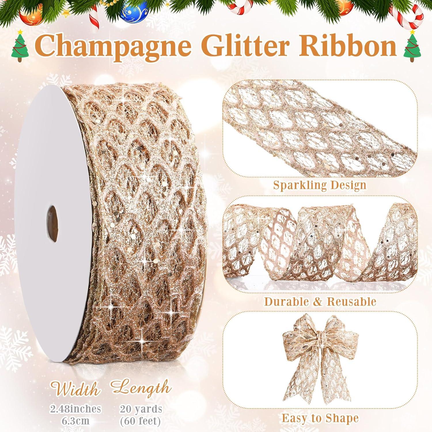 imageGeosar 20 Yards Gold Glitter Mesh Wired Ribbon for Christmas Tree Decorations Gift Wrapping DIY Craft Xmas Wreaths Cabinet Decor 15 InchChampagne Gold