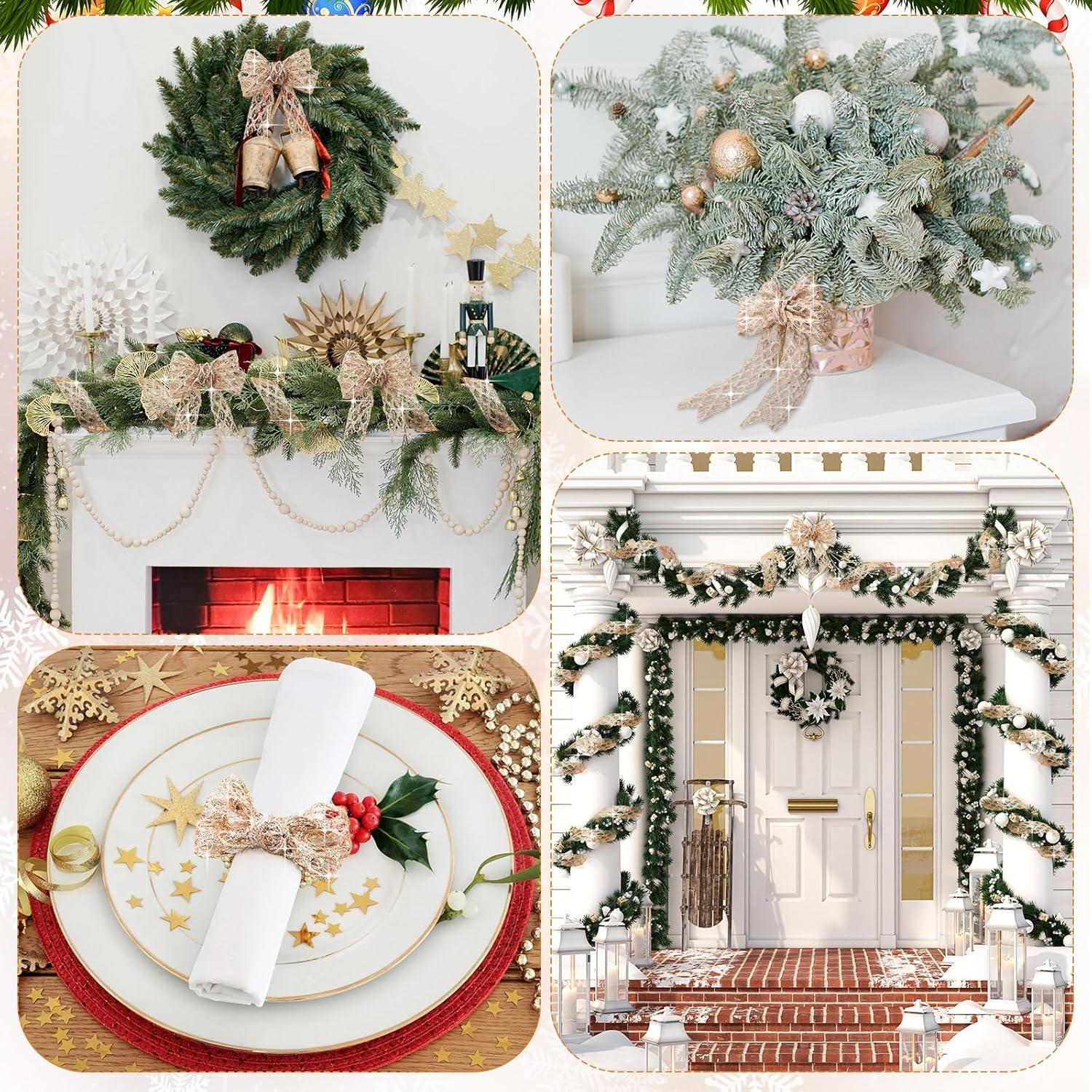 imageGeosar 20 Yards Gold Glitter Mesh Wired Ribbon for Christmas Tree Decorations Gift Wrapping DIY Craft Xmas Wreaths Cabinet Decor 15 InchChampagne Gold