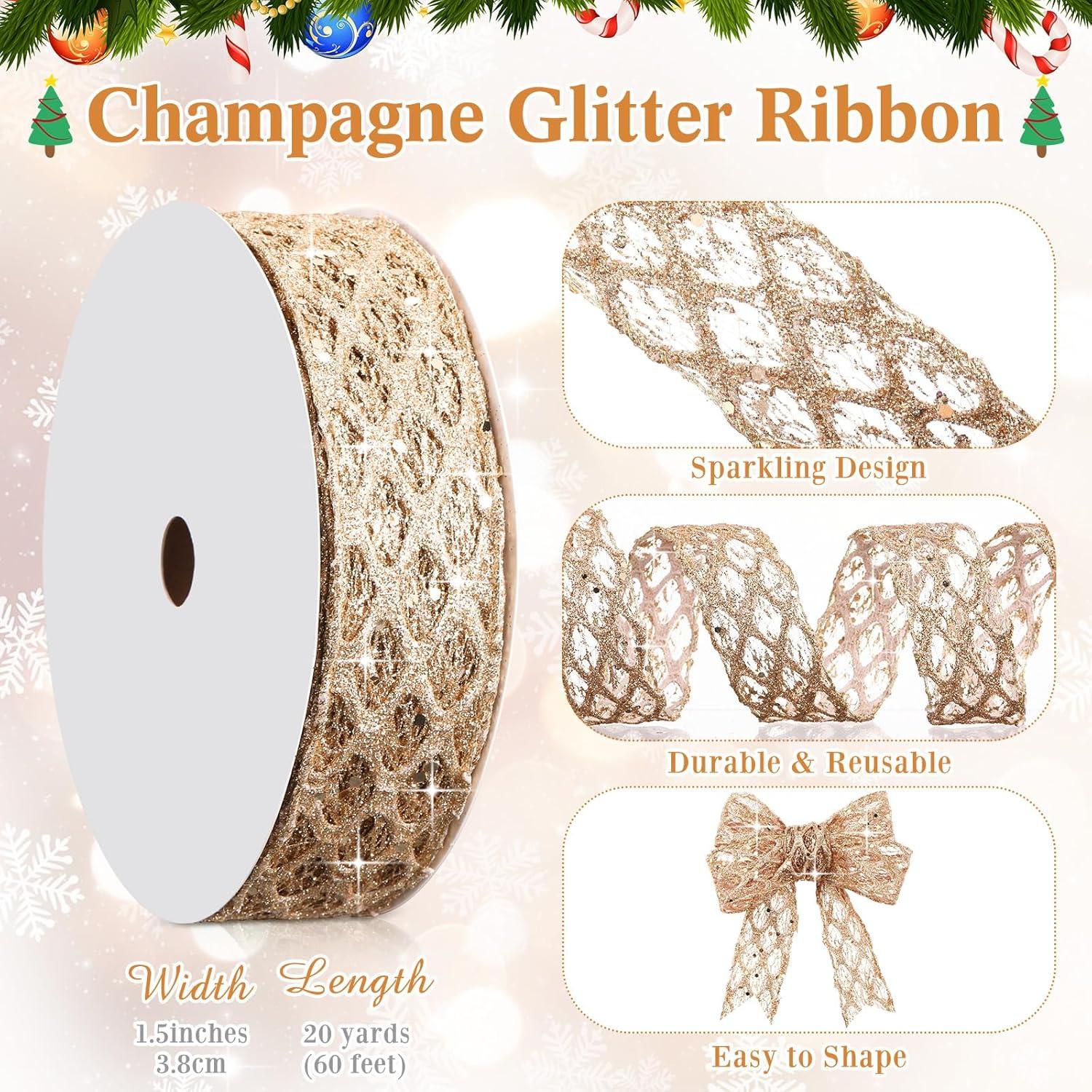 imageGeosar 20 Yards Gold Glitter Mesh Wired Ribbon for Christmas Tree Decorations Gift Wrapping DIY Craft Xmas Wreaths Cabinet Decor 15 InchChampagne Gold