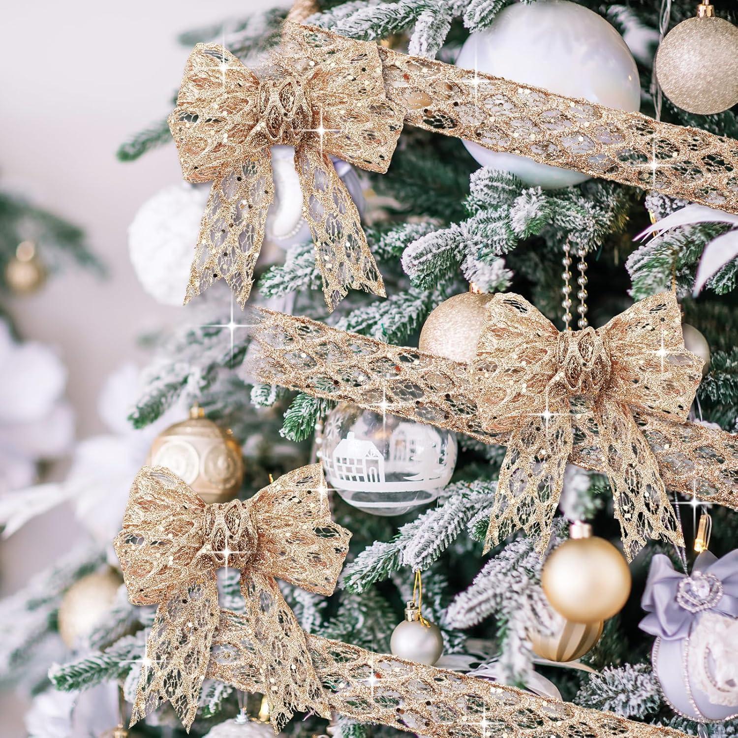 imageGeosar 20 Yards Gold Glitter Mesh Wired Ribbon for Christmas Tree Decorations Gift Wrapping DIY Craft Xmas Wreaths Cabinet Decor 15 InchChampagne Gold