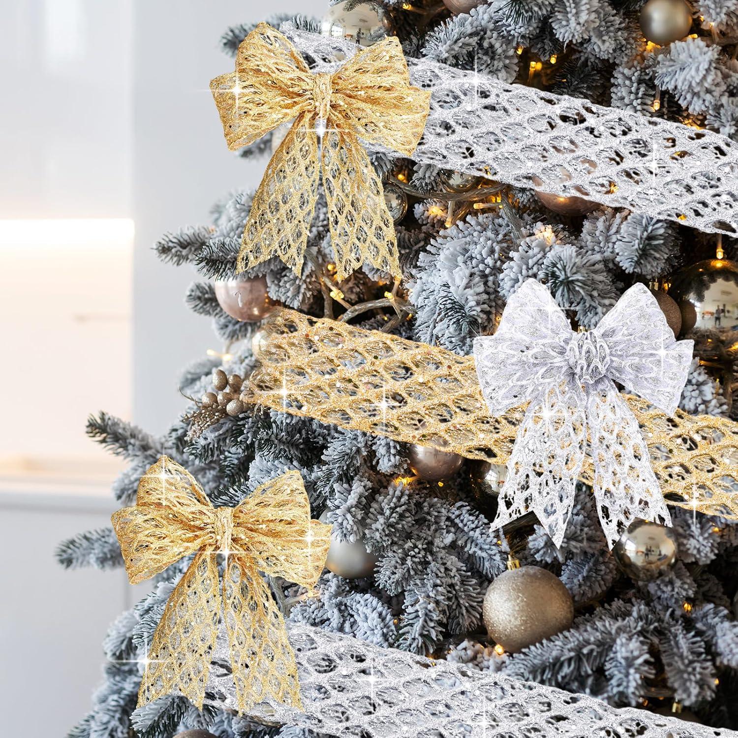 imageGeosar 20 Yards Gold Glitter Mesh Wired Ribbon for Christmas Tree Decorations Gift Wrapping DIY Craft Xmas Wreaths Cabinet Decor 15 InchGold  Silver