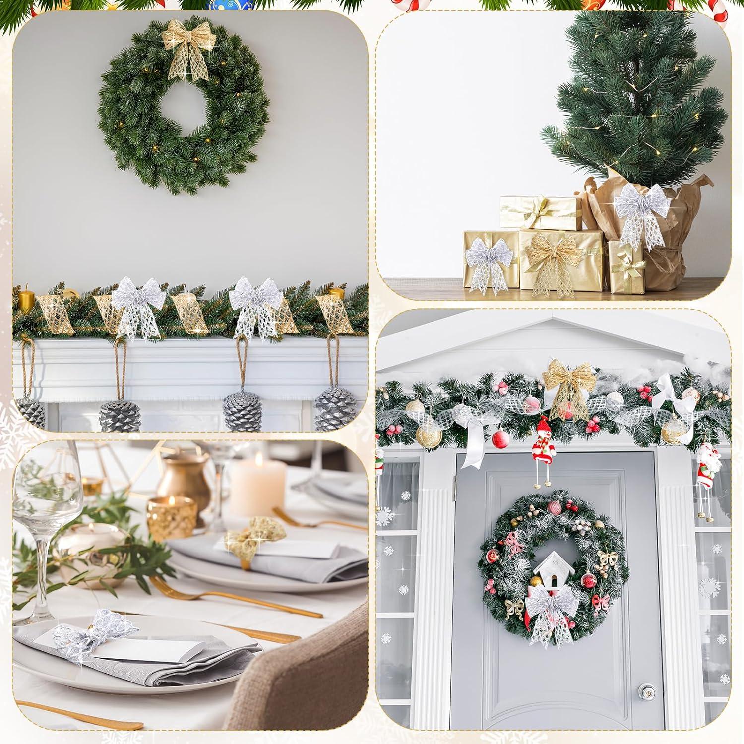 imageGeosar 20 Yards Gold Glitter Mesh Wired Ribbon for Christmas Tree Decorations Gift Wrapping DIY Craft Xmas Wreaths Cabinet Decor 15 InchGold  Silver