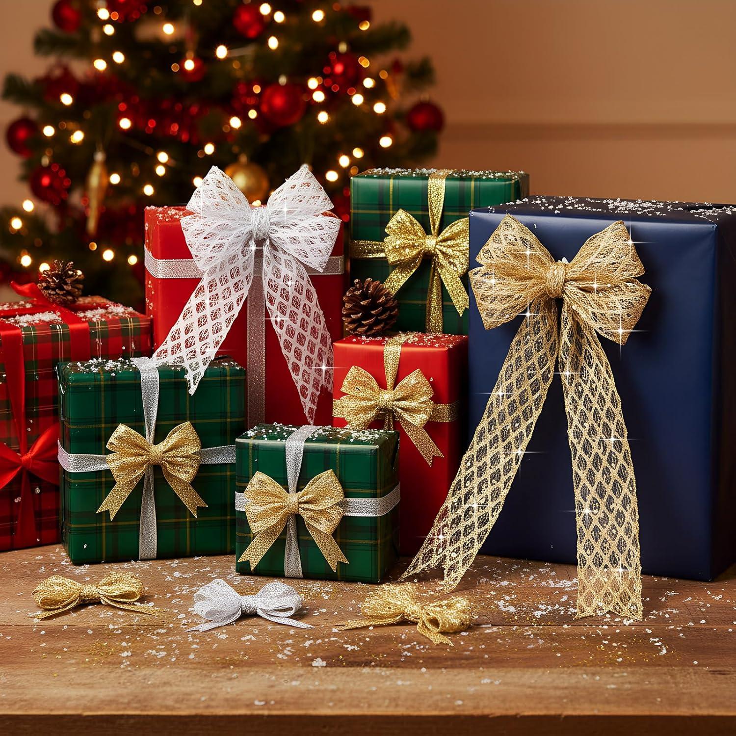 imageGeosar 20 Yards Gold Glitter Mesh Wired Ribbon for Christmas Tree Decorations Gift Wrapping DIY Craft Xmas Wreaths Cabinet Decor 15 InchGold  Silver