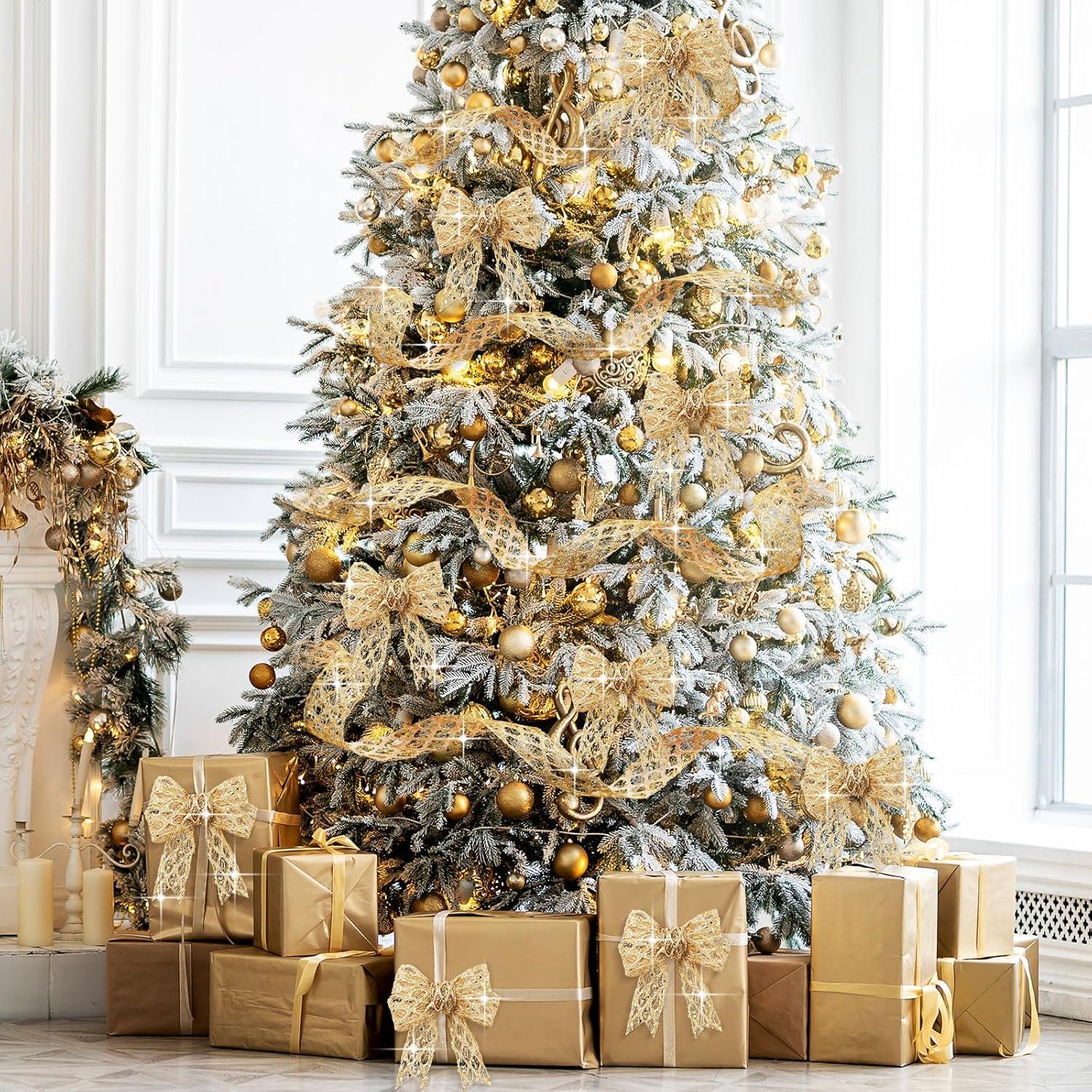 imageGeosar 20 Yards Gold Glitter Mesh Wired Ribbon for Christmas Tree Decorations Gift Wrapping DIY Craft Xmas Wreaths Cabinet Decor 15 InchGold