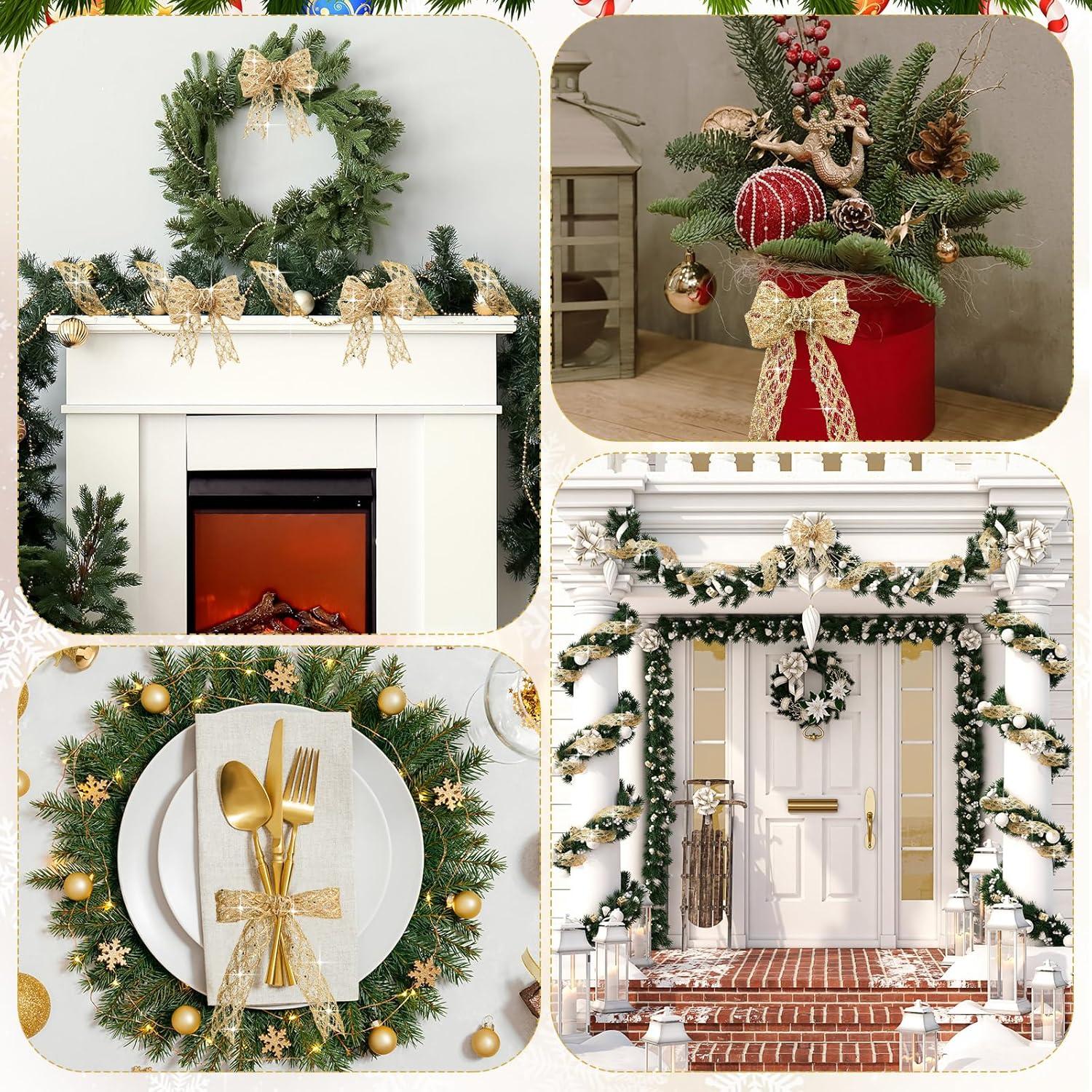 imageGeosar 20 Yards Gold Glitter Mesh Wired Ribbon for Christmas Tree Decorations Gift Wrapping DIY Craft Xmas Wreaths Cabinet Decor 15 InchGold