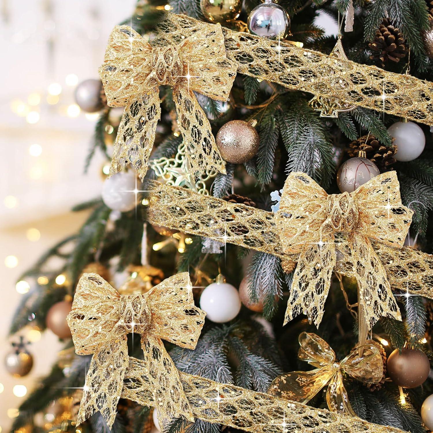 imageGeosar 20 Yards Gold Glitter Mesh Wired Ribbon for Christmas Tree Decorations Gift Wrapping DIY Craft Xmas Wreaths Cabinet Decor 15 InchGold