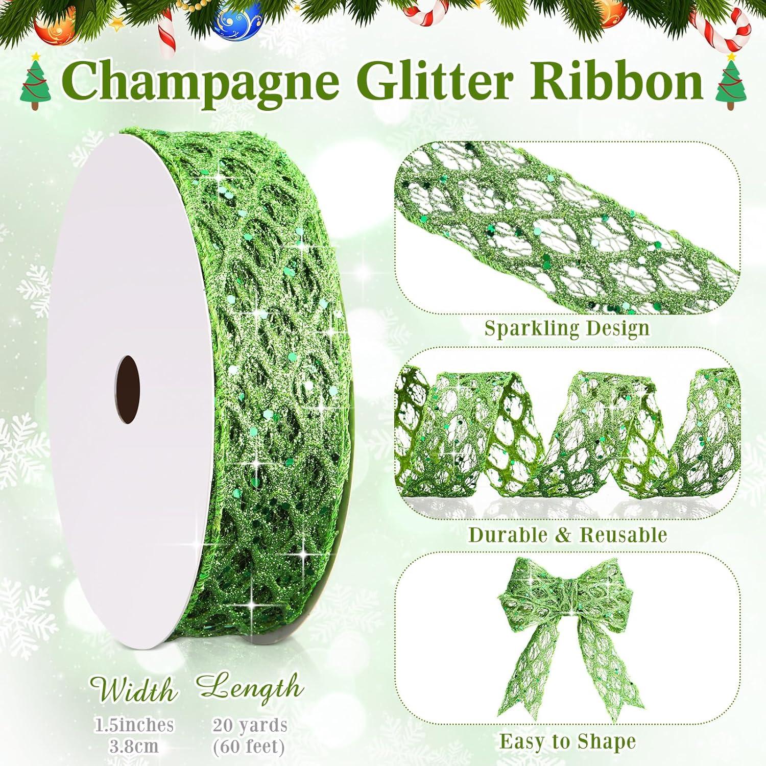 imageGeosar 20 Yards Gold Glitter Mesh Wired Ribbon for Christmas Tree Decorations Gift Wrapping DIY Craft Xmas Wreaths Cabinet Decor 15 InchLime Green