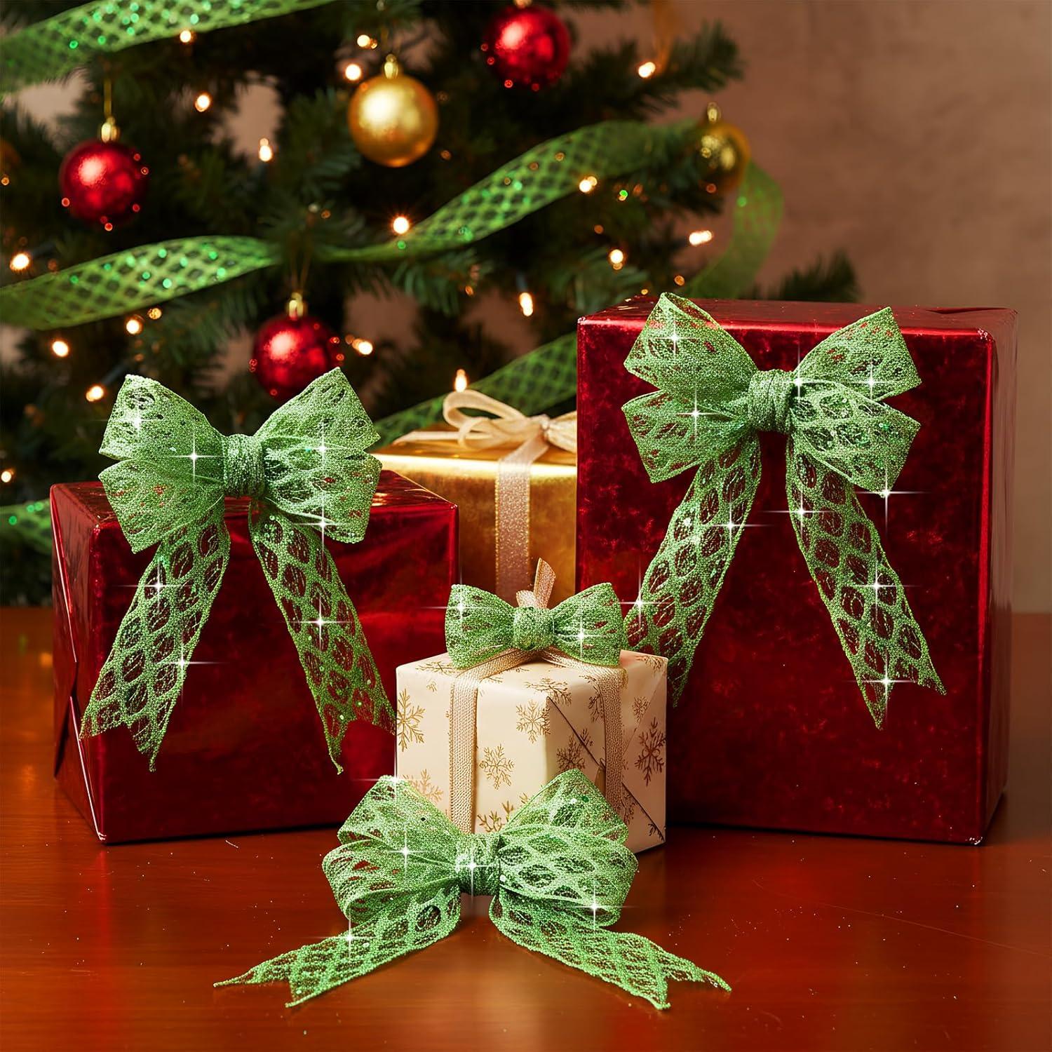 imageGeosar 20 Yards Gold Glitter Mesh Wired Ribbon for Christmas Tree Decorations Gift Wrapping DIY Craft Xmas Wreaths Cabinet Decor 15 InchLime Green