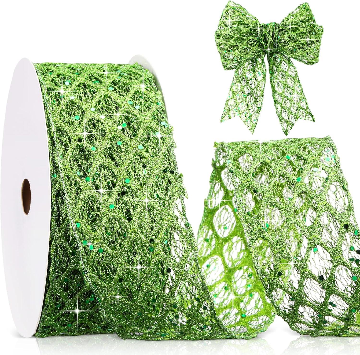 imageGeosar 20 Yards Gold Glitter Mesh Wired Ribbon for Christmas Tree Decorations Gift Wrapping DIY Craft Xmas Wreaths Cabinet Decor 15 InchLime Green