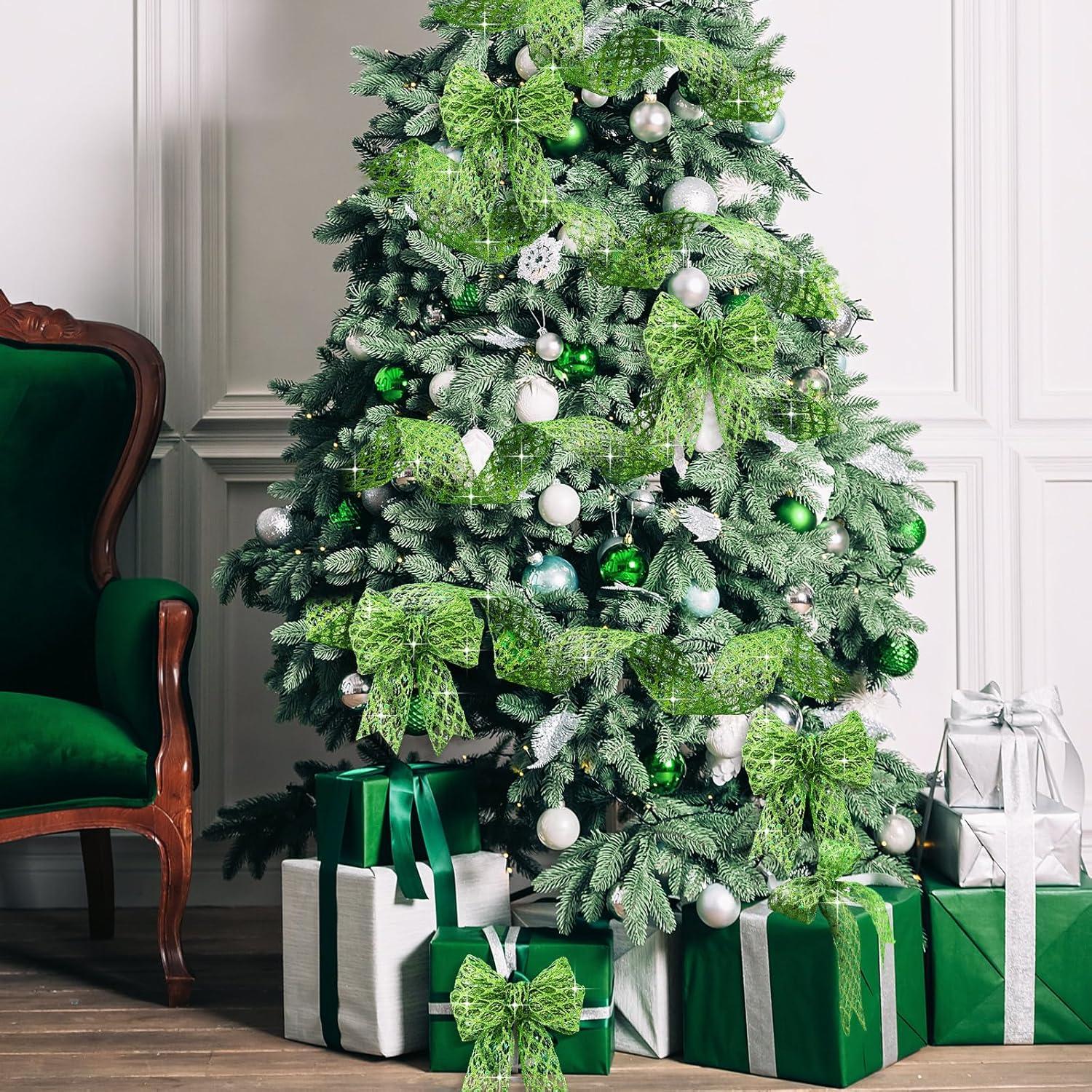 imageGeosar 20 Yards Gold Glitter Mesh Wired Ribbon for Christmas Tree Decorations Gift Wrapping DIY Craft Xmas Wreaths Cabinet Decor 15 InchLime Green