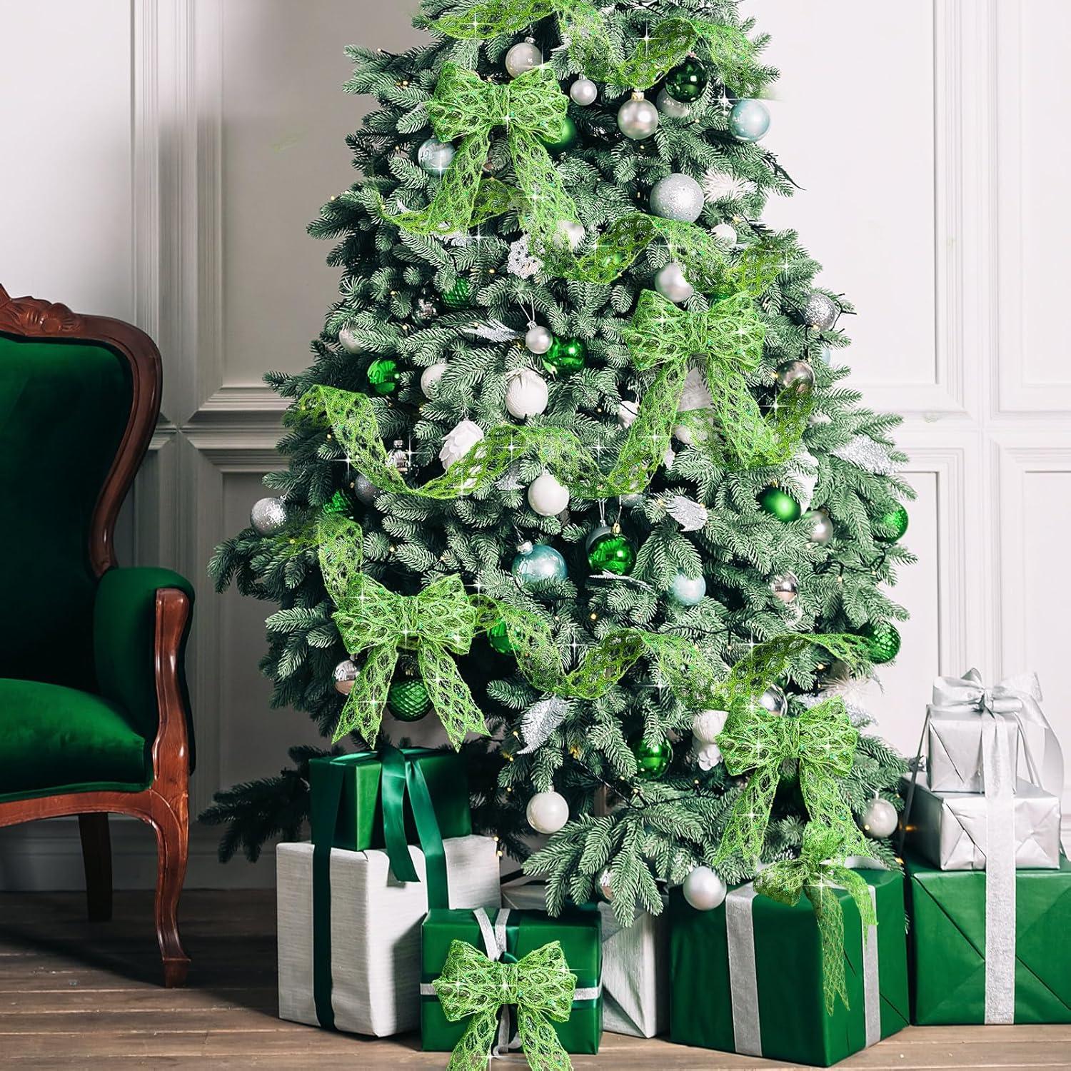 imageGeosar 20 Yards Gold Glitter Mesh Wired Ribbon for Christmas Tree Decorations Gift Wrapping DIY Craft Xmas Wreaths Cabinet Decor 15 InchLime Green