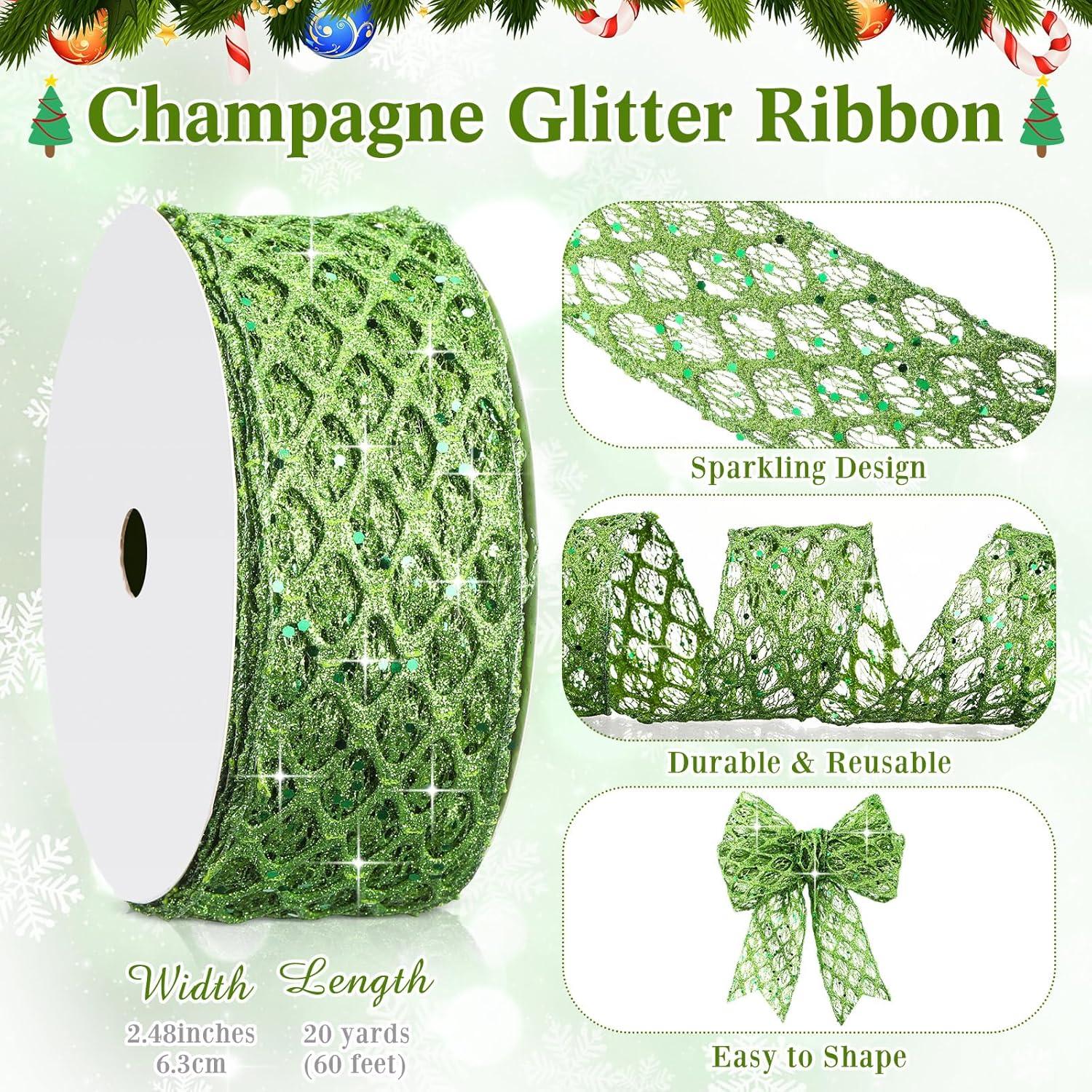 imageGeosar 20 Yards Gold Glitter Mesh Wired Ribbon for Christmas Tree Decorations Gift Wrapping DIY Craft Xmas Wreaths Cabinet Decor 15 InchLime Green