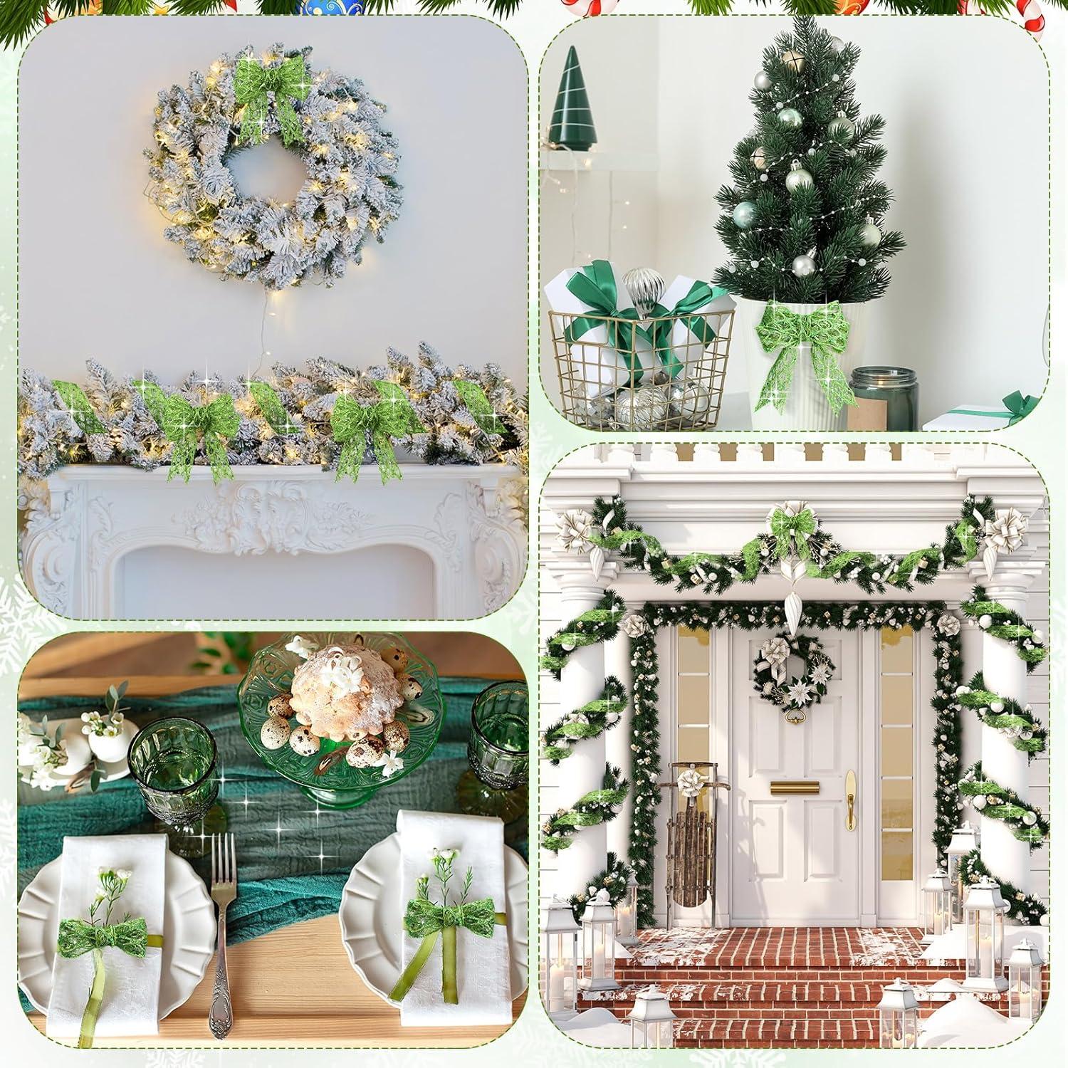 imageGeosar 20 Yards Gold Glitter Mesh Wired Ribbon for Christmas Tree Decorations Gift Wrapping DIY Craft Xmas Wreaths Cabinet Decor 15 InchLime Green