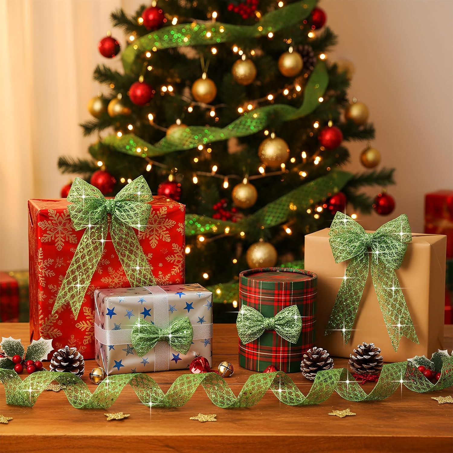 imageGeosar 20 Yards Gold Glitter Mesh Wired Ribbon for Christmas Tree Decorations Gift Wrapping DIY Craft Xmas Wreaths Cabinet Decor 15 InchLime Green