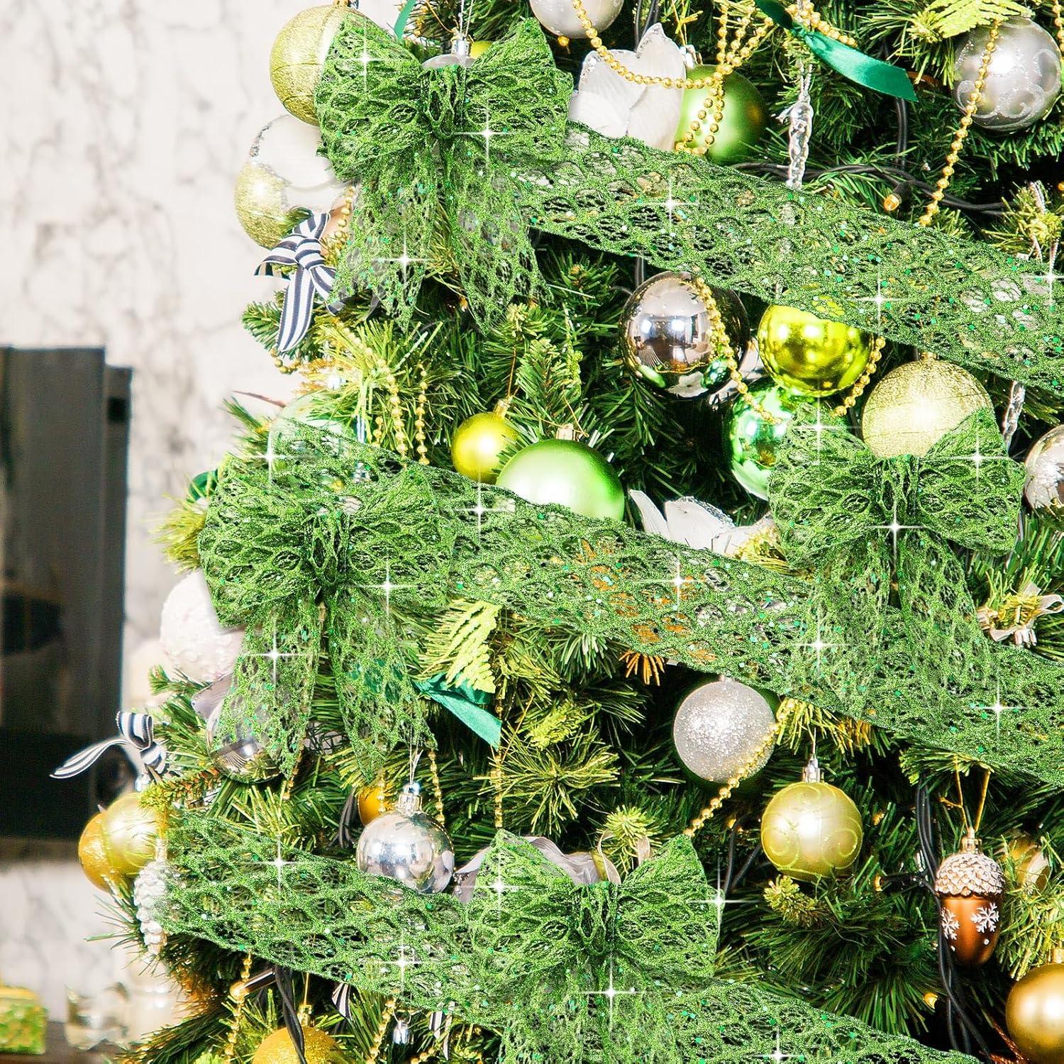 imageGeosar 20 Yards Gold Glitter Mesh Wired Ribbon for Christmas Tree Decorations Gift Wrapping DIY Craft Xmas Wreaths Cabinet Decor 15 InchLime Green