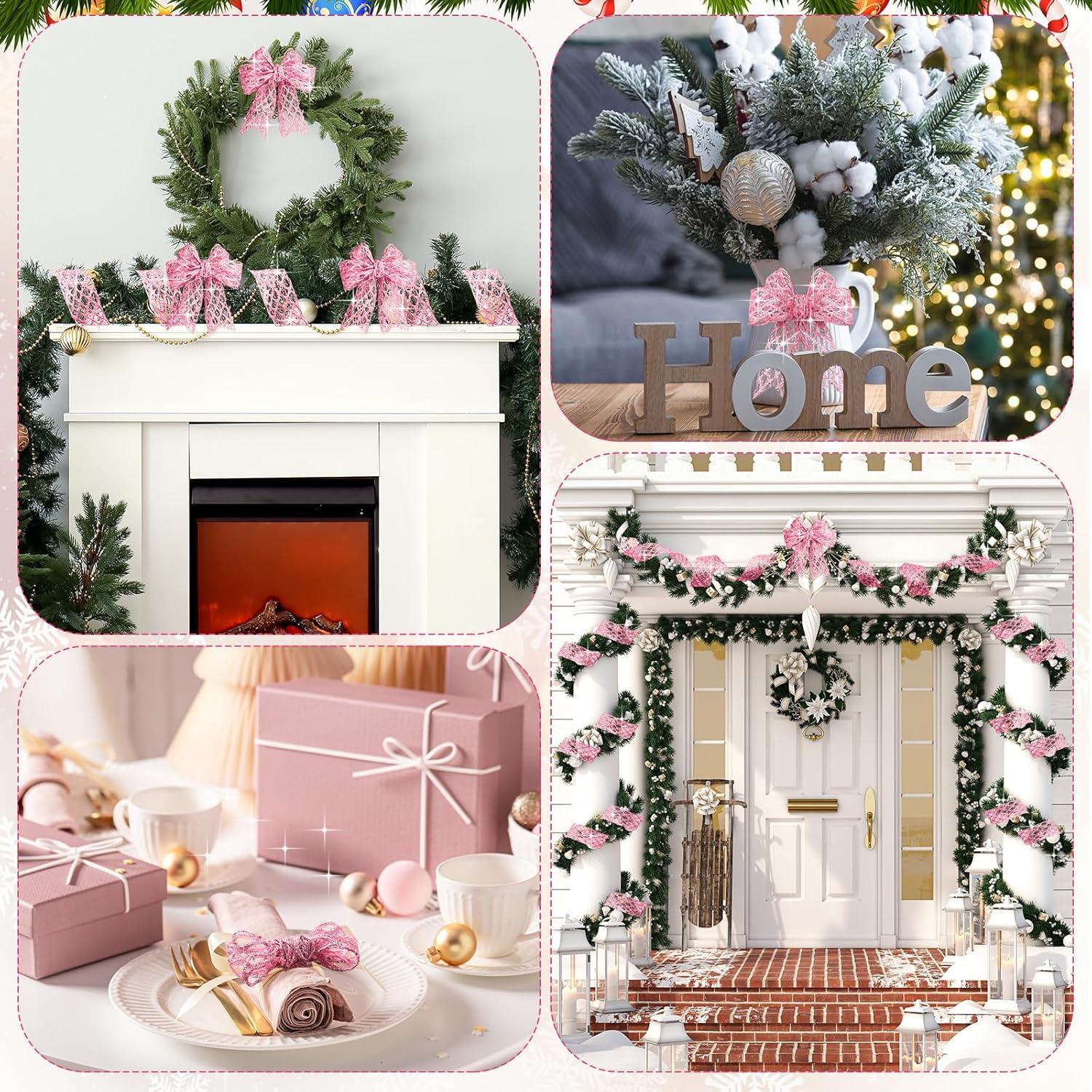 imageGeosar 20 Yards Gold Glitter Mesh Wired Ribbon for Christmas Tree Decorations Gift Wrapping DIY Craft Xmas Wreaths Cabinet Decor 15 InchPink