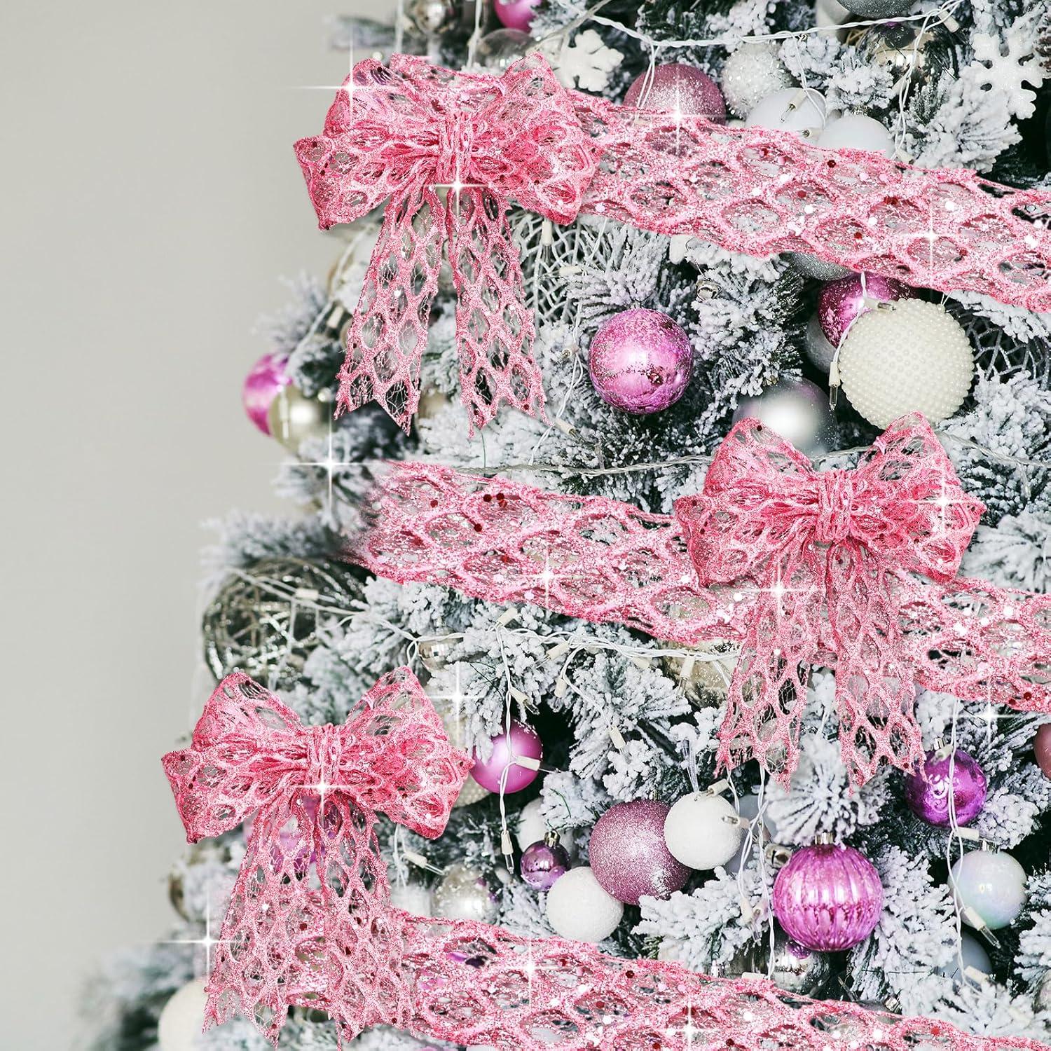 imageGeosar 20 Yards Gold Glitter Mesh Wired Ribbon for Christmas Tree Decorations Gift Wrapping DIY Craft Xmas Wreaths Cabinet Decor 15 InchPink