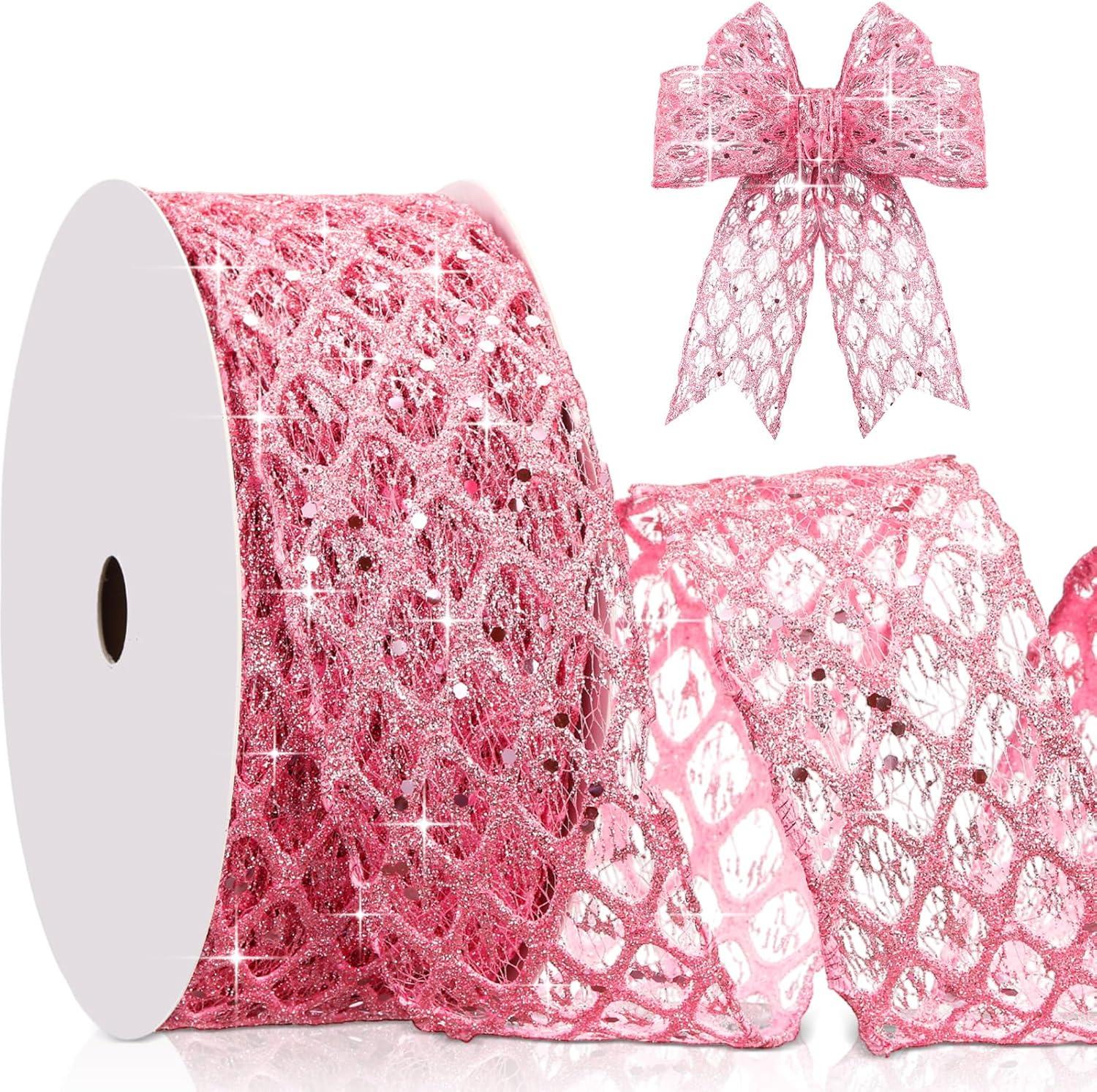 imageGeosar 20 Yards Gold Glitter Mesh Wired Ribbon for Christmas Tree Decorations Gift Wrapping DIY Craft Xmas Wreaths Cabinet Decor 15 InchPink