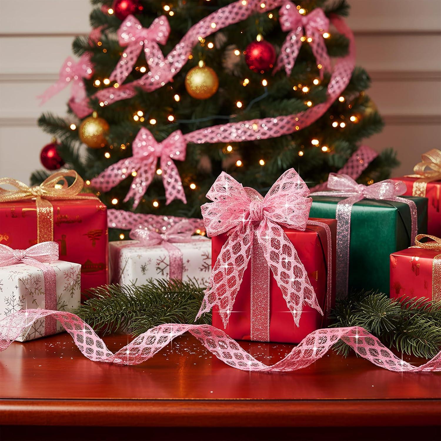 imageGeosar 20 Yards Gold Glitter Mesh Wired Ribbon for Christmas Tree Decorations Gift Wrapping DIY Craft Xmas Wreaths Cabinet Decor 15 InchPink