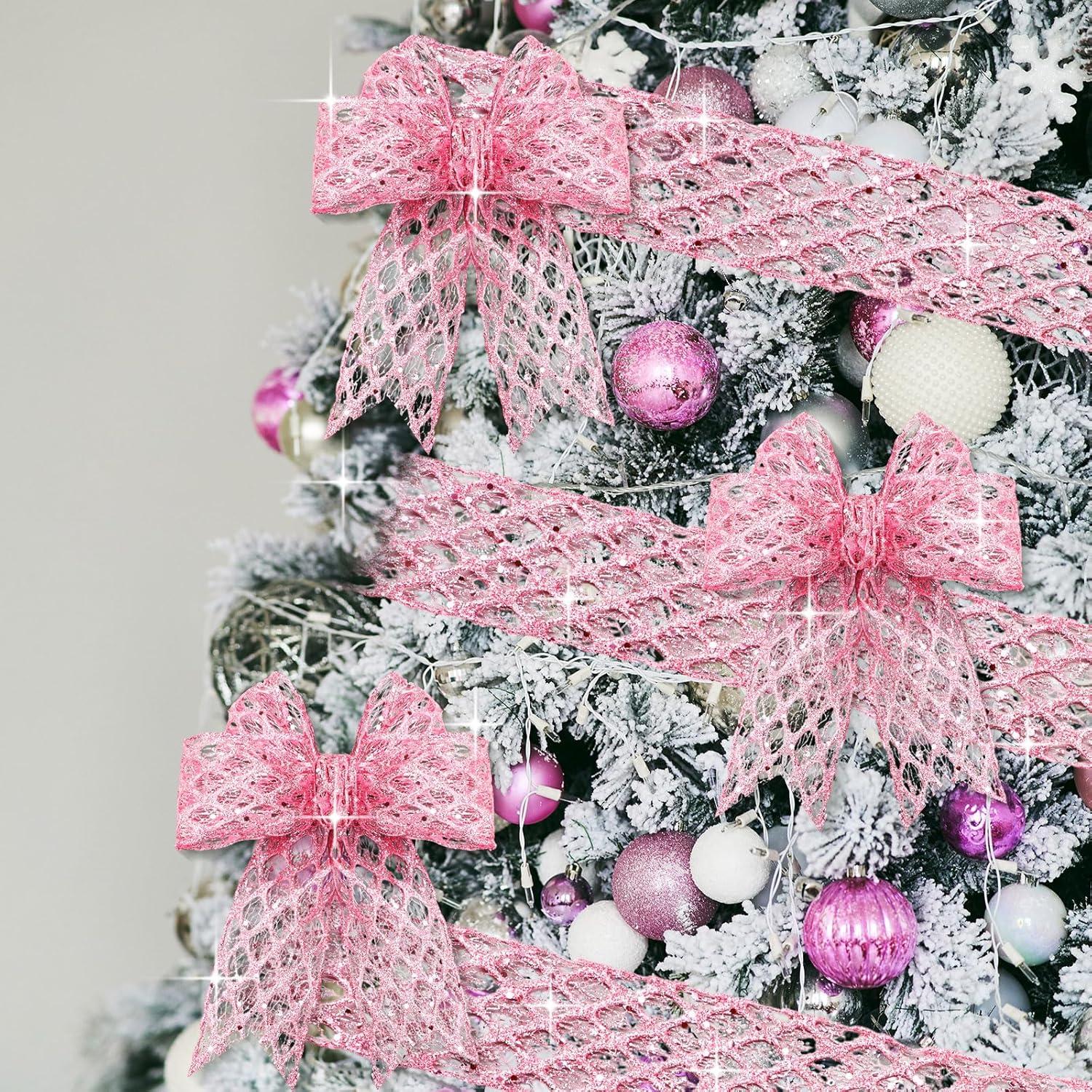 imageGeosar 20 Yards Gold Glitter Mesh Wired Ribbon for Christmas Tree Decorations Gift Wrapping DIY Craft Xmas Wreaths Cabinet Decor 15 InchPink