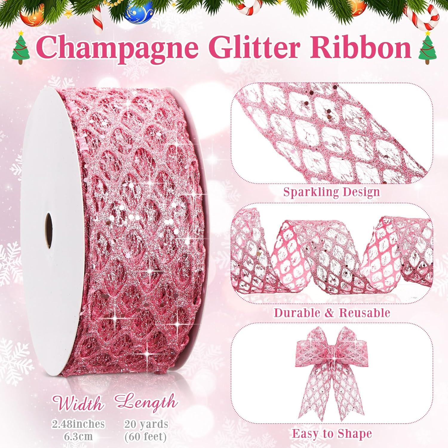 imageGeosar 20 Yards Gold Glitter Mesh Wired Ribbon for Christmas Tree Decorations Gift Wrapping DIY Craft Xmas Wreaths Cabinet Decor 15 InchPink