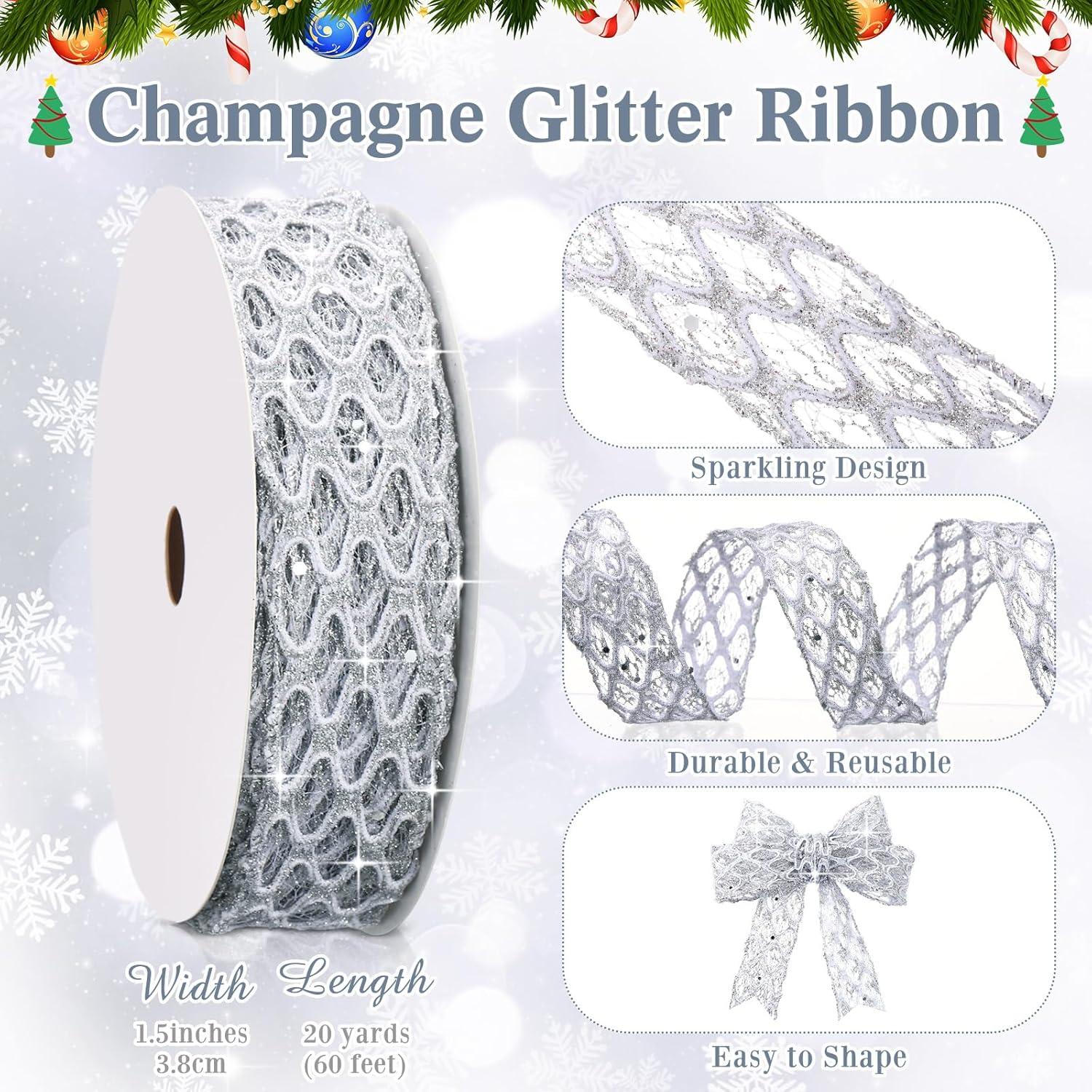 imageGeosar 20 Yards Gold Glitter Mesh Wired Ribbon for Christmas Tree Decorations Gift Wrapping DIY Craft Xmas Wreaths Cabinet Decor 15 InchSilver