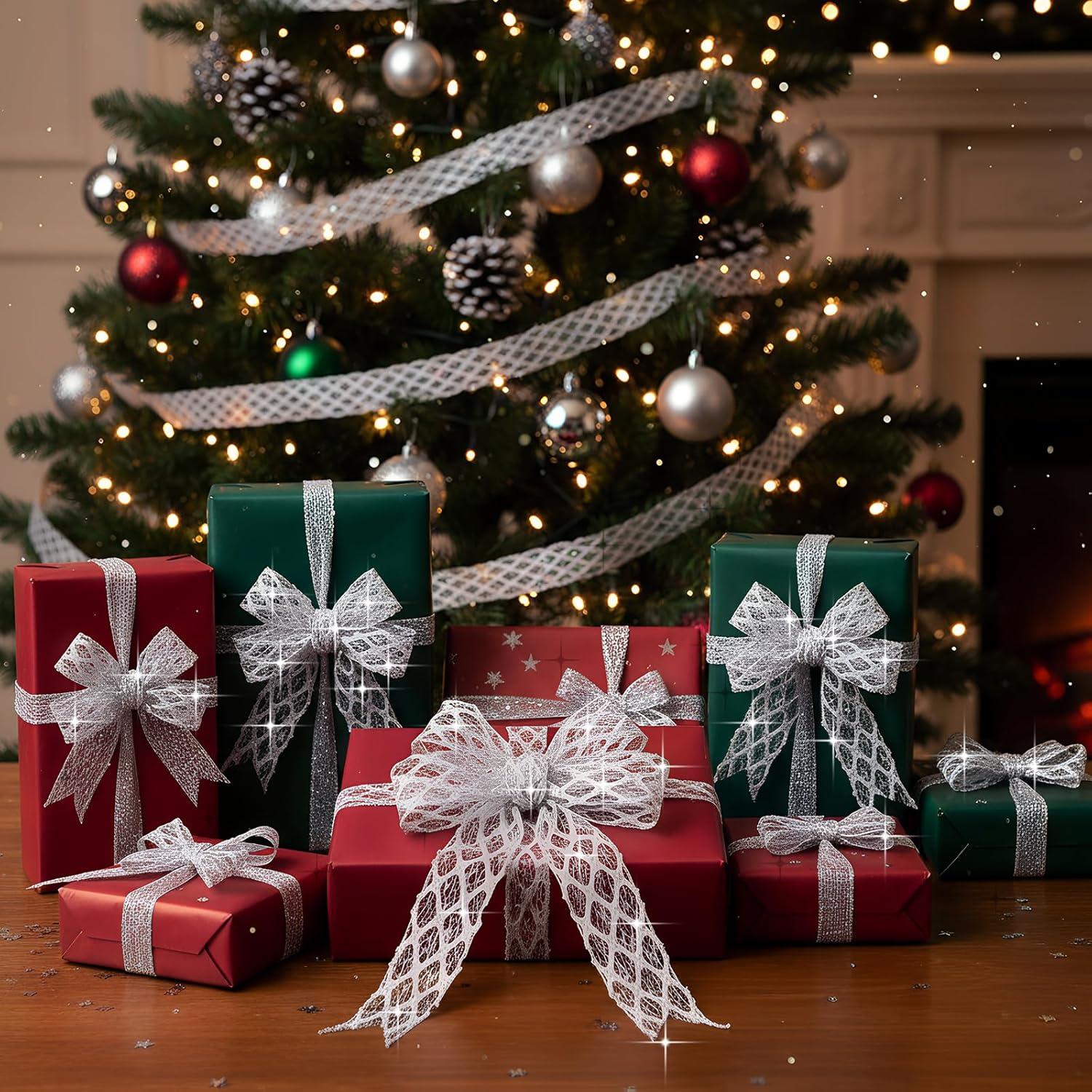 imageGeosar 20 Yards Gold Glitter Mesh Wired Ribbon for Christmas Tree Decorations Gift Wrapping DIY Craft Xmas Wreaths Cabinet Decor 15 InchSilver