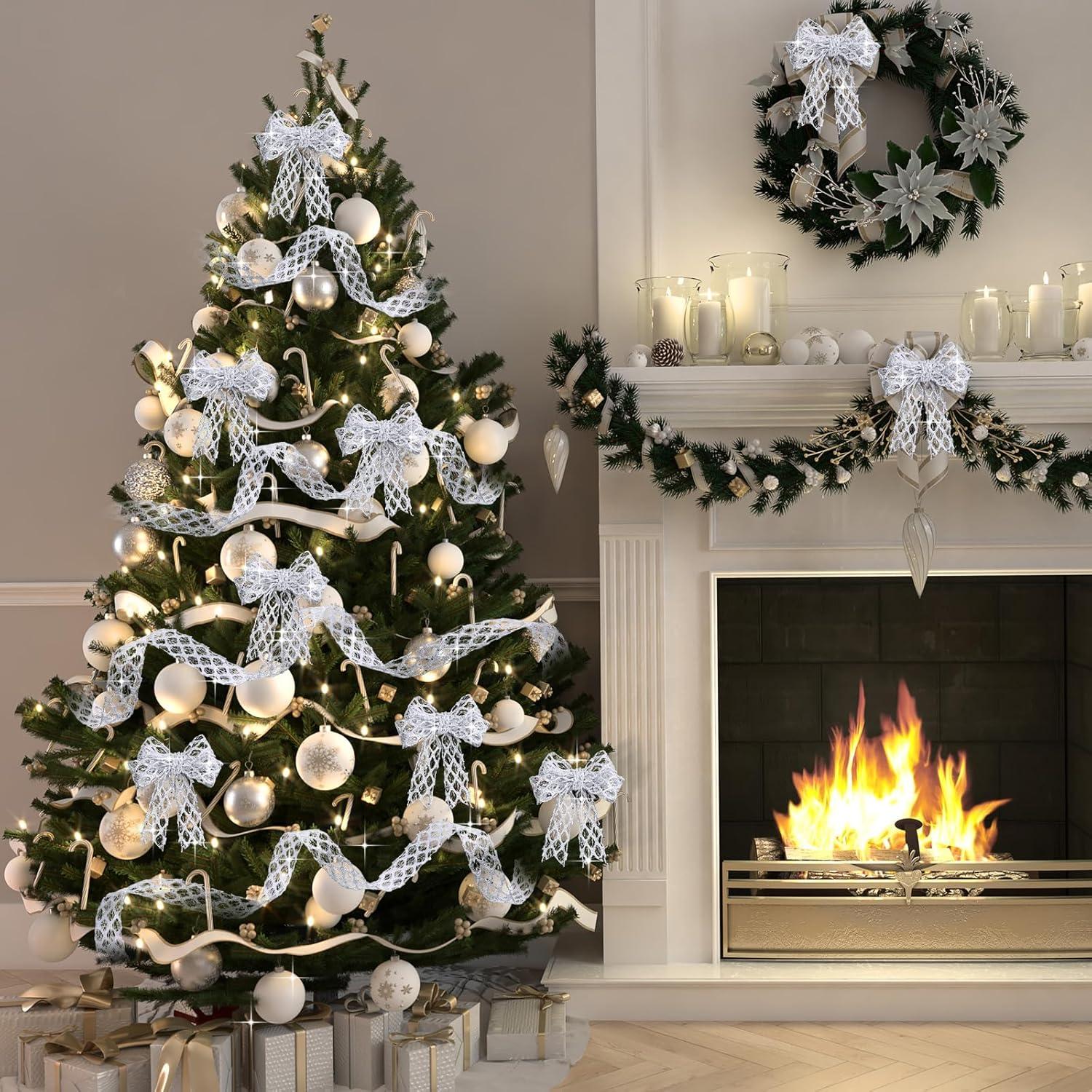 imageGeosar 20 Yards Gold Glitter Mesh Wired Ribbon for Christmas Tree Decorations Gift Wrapping DIY Craft Xmas Wreaths Cabinet Decor 15 InchSilver