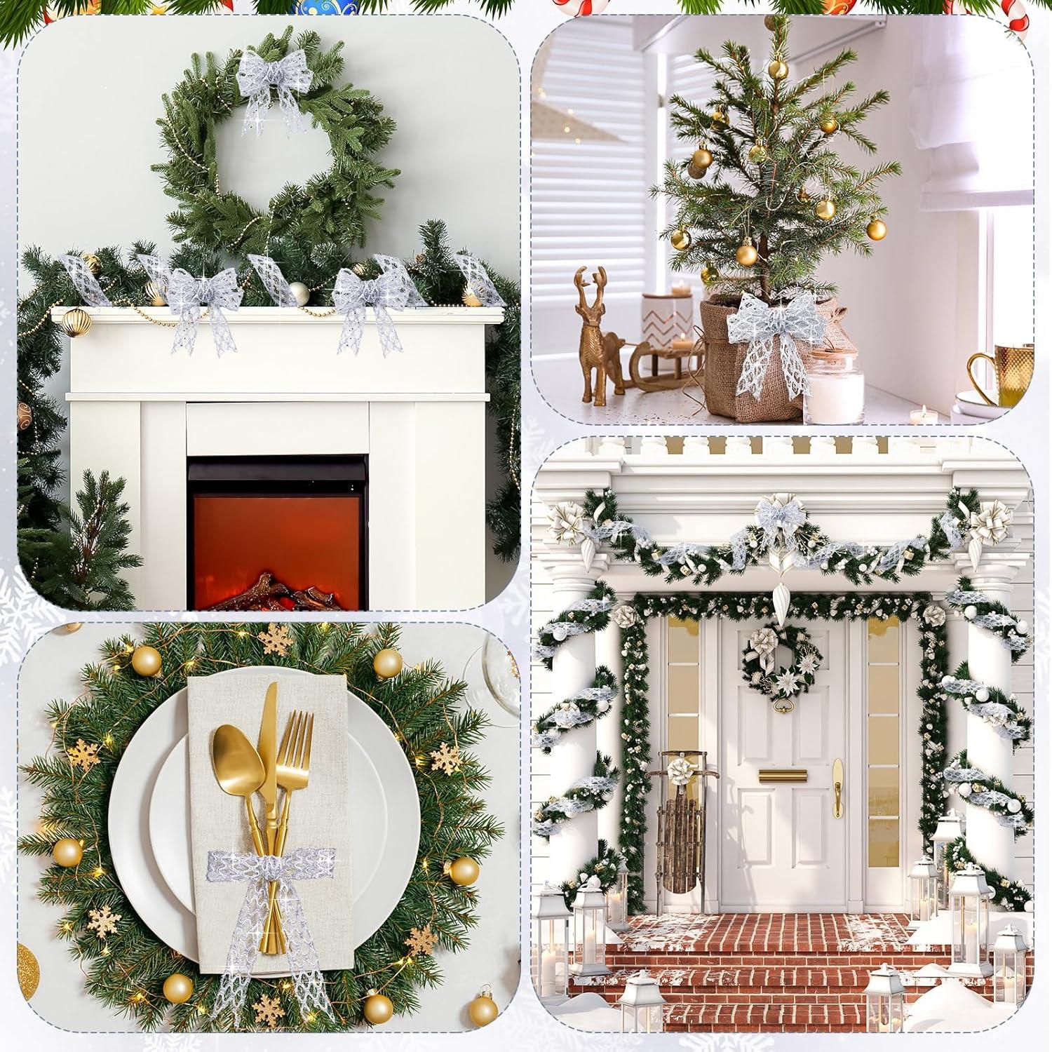 imageGeosar 20 Yards Gold Glitter Mesh Wired Ribbon for Christmas Tree Decorations Gift Wrapping DIY Craft Xmas Wreaths Cabinet Decor 15 InchSilver