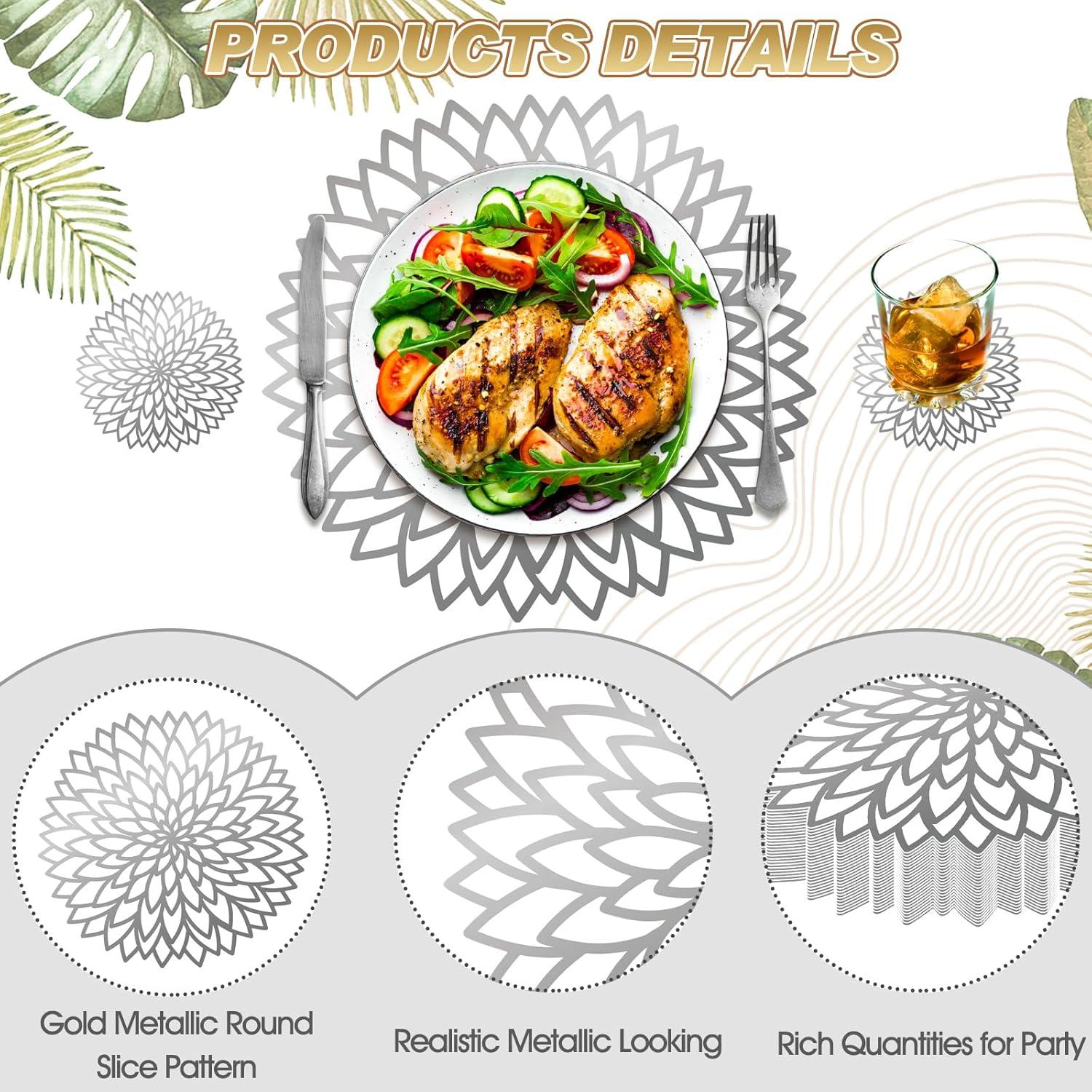 imageGeosar 200 Disposable Paper Placemats and Coasters Set Paper Woven Placemat with Coasters Outdoor Indoor for Farmhouse Rustic Dining Table Decoration Shower BirthdaySilver Metallic