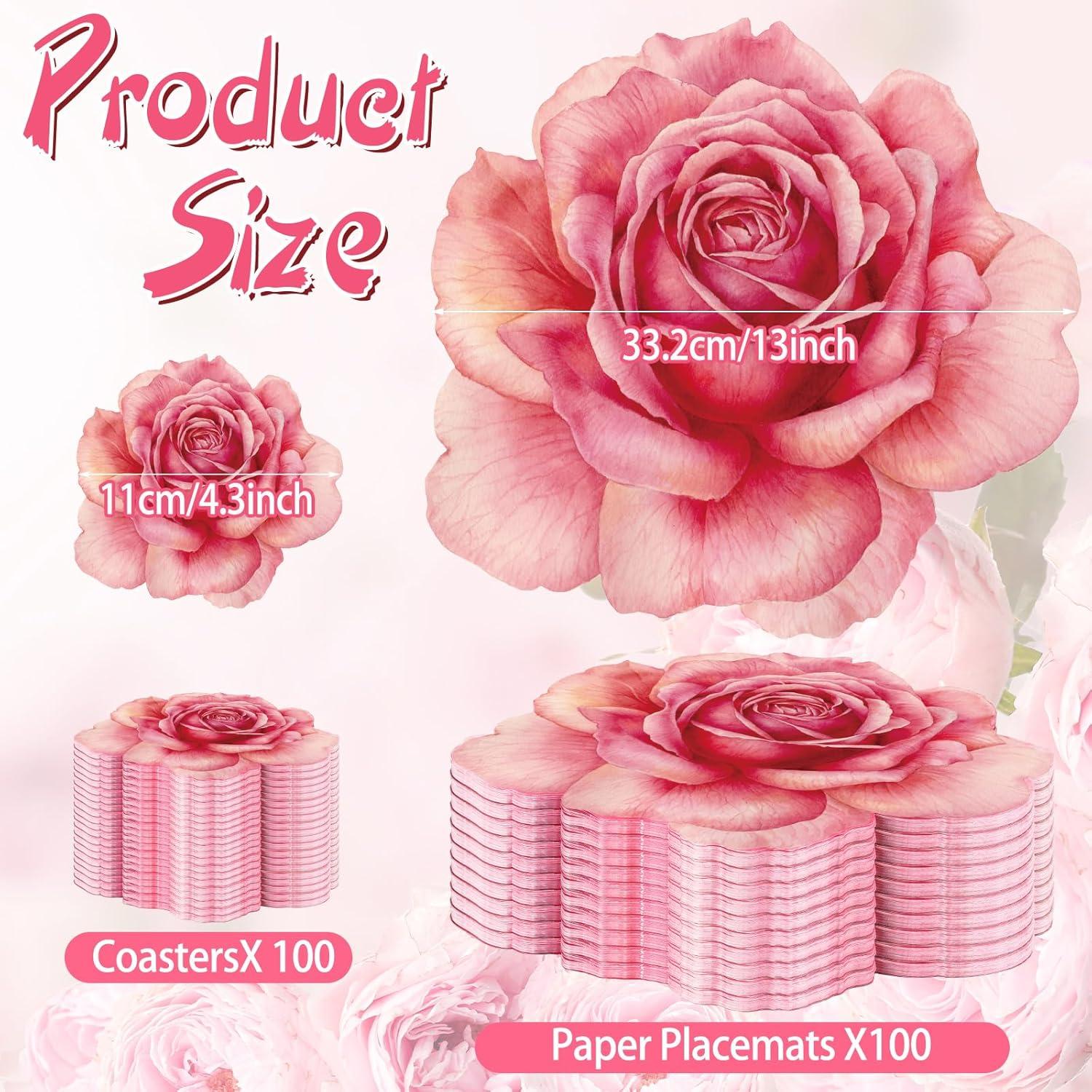 imageGeosar 200 Disposable Paper Placemats and Coasters Set Paper Woven Placemat with Coasters Outdoor Indoor for Farmhouse Rustic Dining Table Decoration Shower BirthdayRose Flower