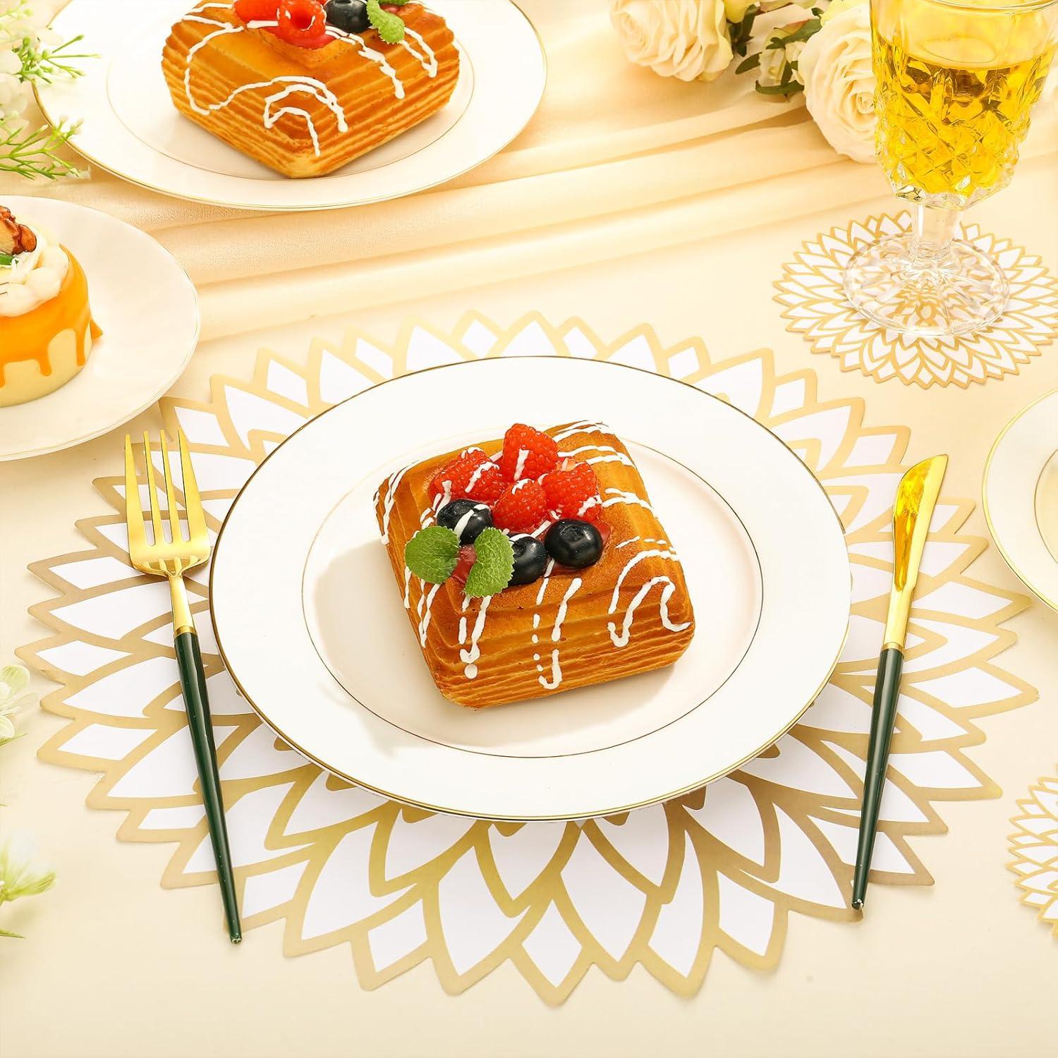 imageGeosar 200 Disposable Paper Placemats and Coasters Set Paper Woven Placemat with Coasters Outdoor Indoor for Farmhouse Rustic Dining Table Decoration Shower BirthdayGold Round