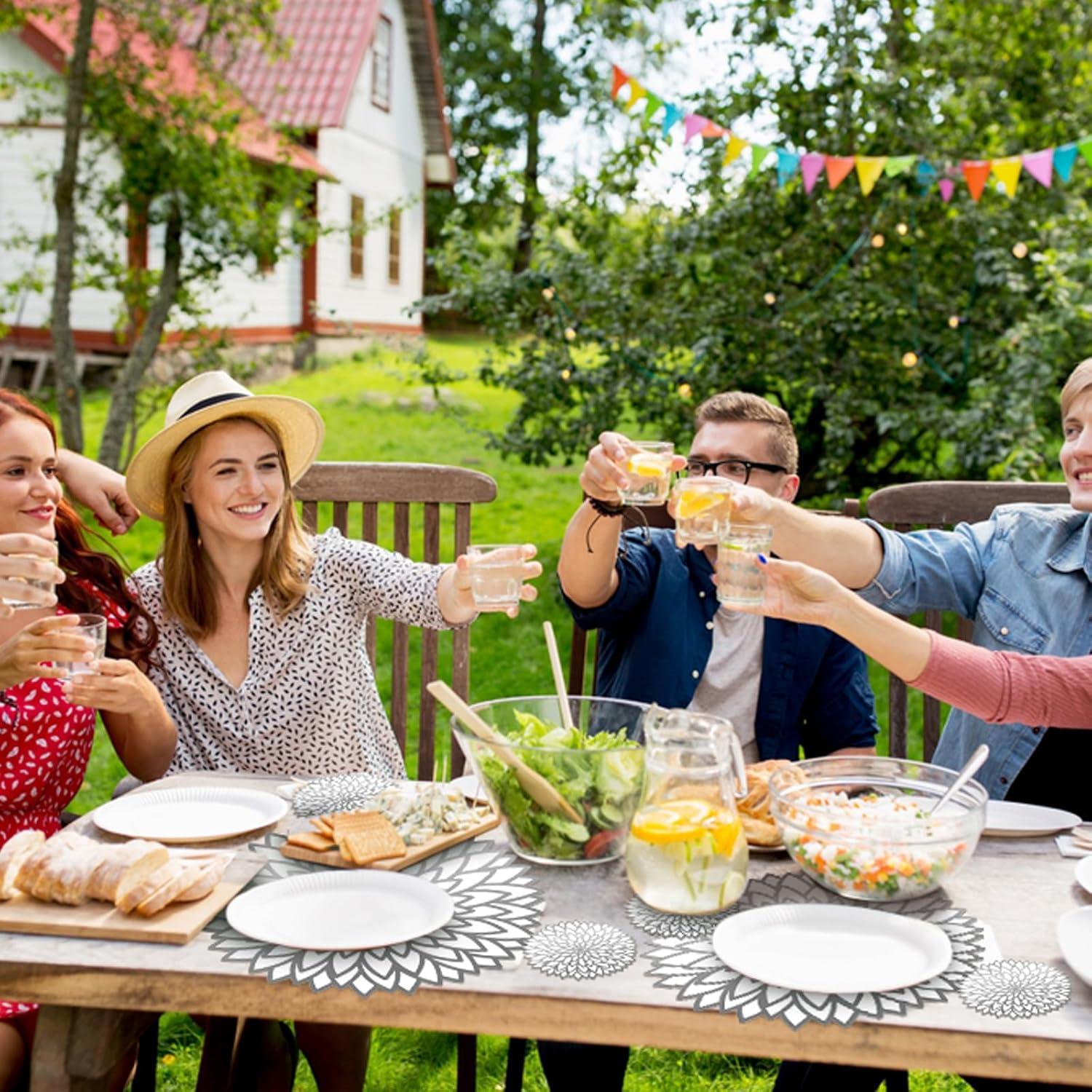 imageGeosar 200 Disposable Paper Placemats and Coasters Set Paper Woven Placemat with Coasters Outdoor Indoor for Farmhouse Rustic Dining Table Decoration Shower BirthdaySilver Metallic