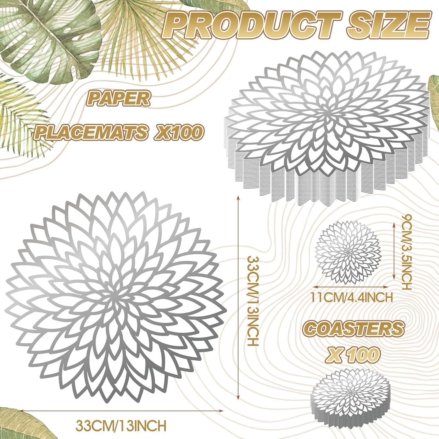 imageGeosar 200 Disposable Paper Placemats and Coasters Set Paper Woven Placemat with Coasters Outdoor Indoor for Farmhouse Rustic Dining Table Decoration Shower BirthdaySilver Metallic