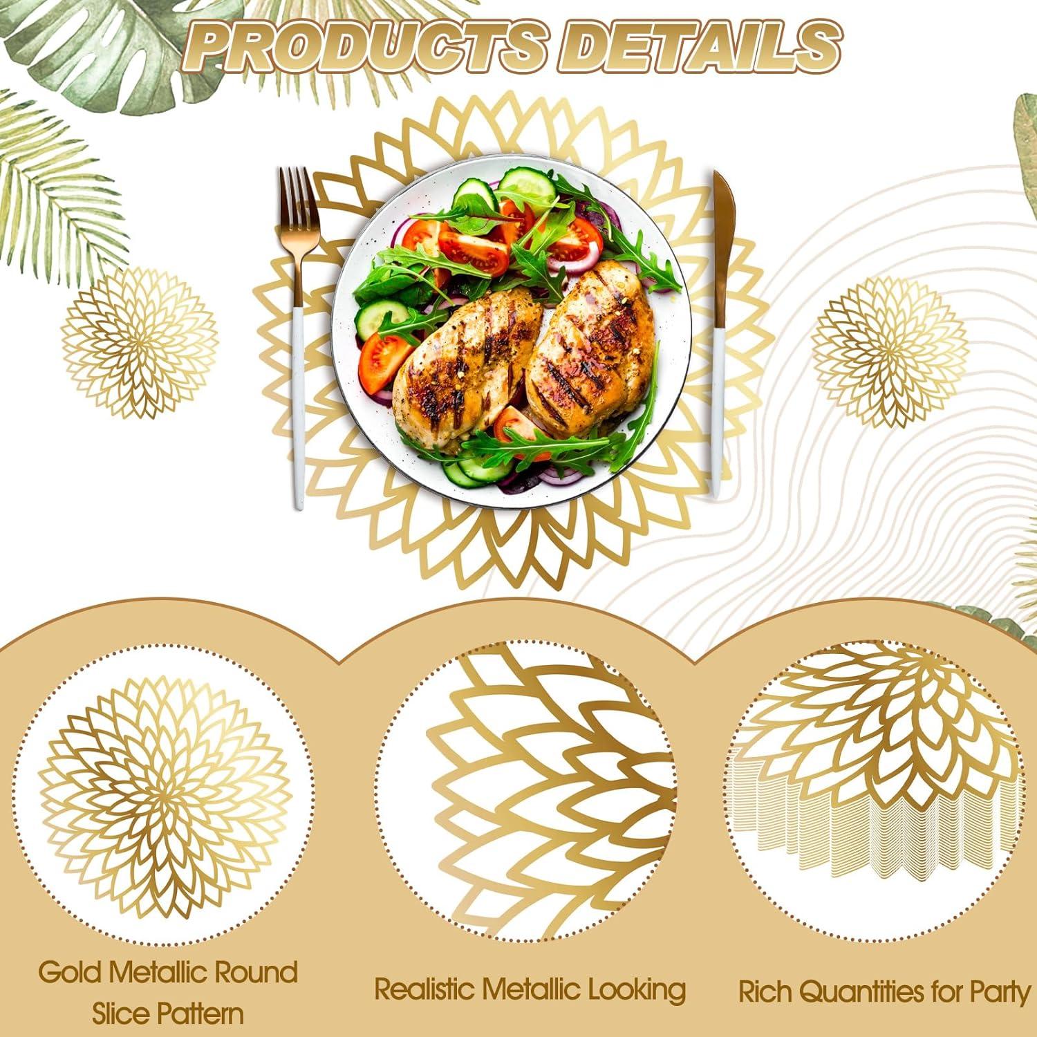 imageGeosar 200 Disposable Paper Placemats and Coasters Set Paper Woven Placemat with Coasters Outdoor Indoor for Farmhouse Rustic Dining Table Decoration Shower BirthdayGold Round