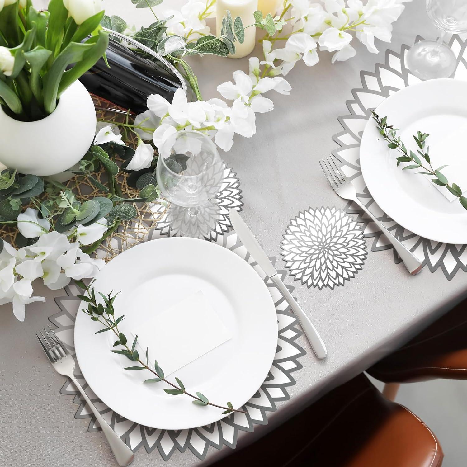 imageGeosar 200 Disposable Paper Placemats and Coasters Set Paper Woven Placemat with Coasters Outdoor Indoor for Farmhouse Rustic Dining Table Decoration Shower BirthdaySilver Metallic