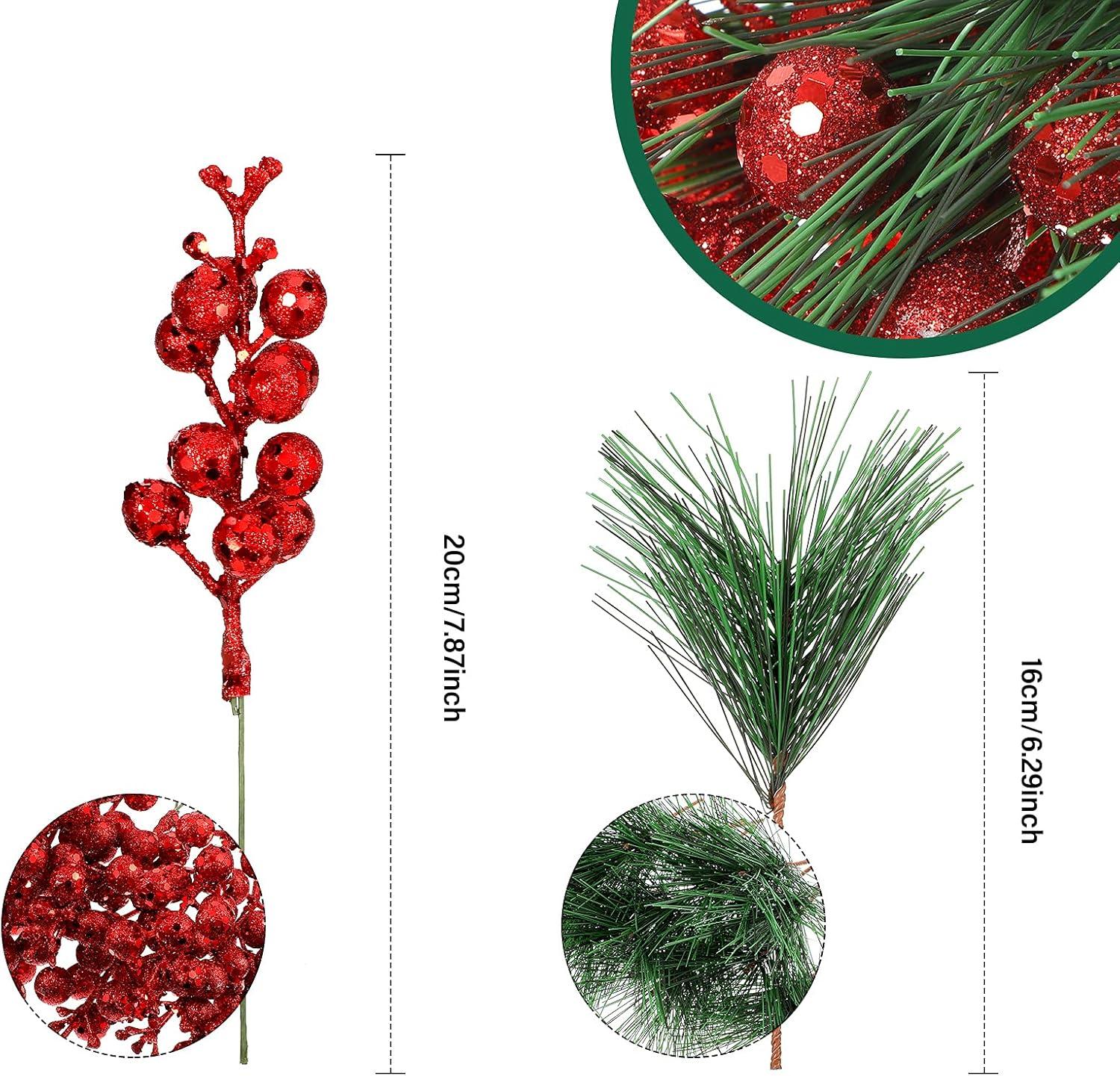 imageGeosar 24 Pieces Christmas Artificial Greenery Pine Branches Small Holly Artificial Berries Picks Bulk for Crafts Wreath Decorations Xmas Tree Party Gift for Christmas Holiday Decor RedRed