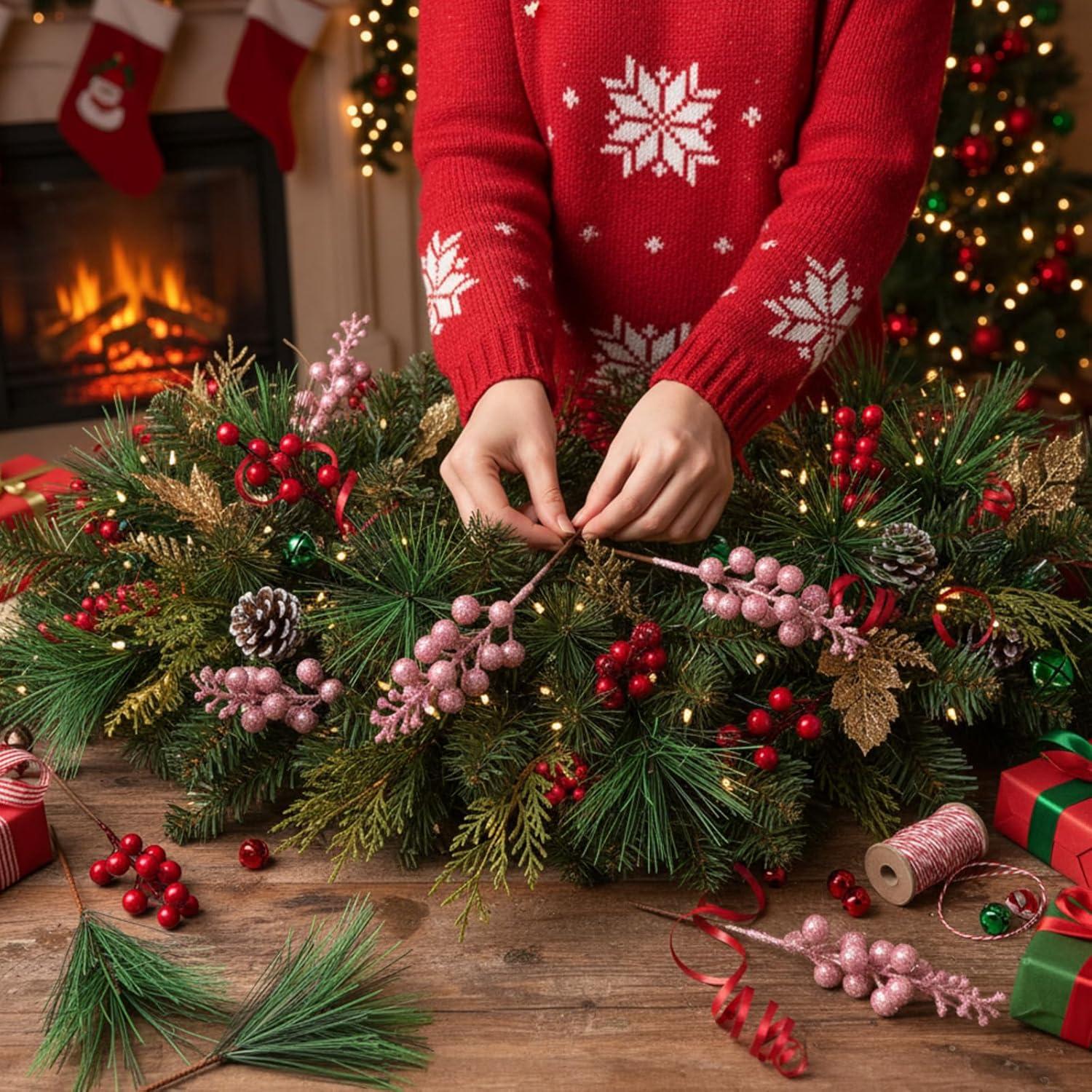 imageGeosar 24 Pieces Christmas Artificial Greenery Pine Branches Small Holly Artificial Berries Picks Bulk for Crafts Wreath Decorations Xmas Tree Party Gift for Christmas Holiday Decor RedPink